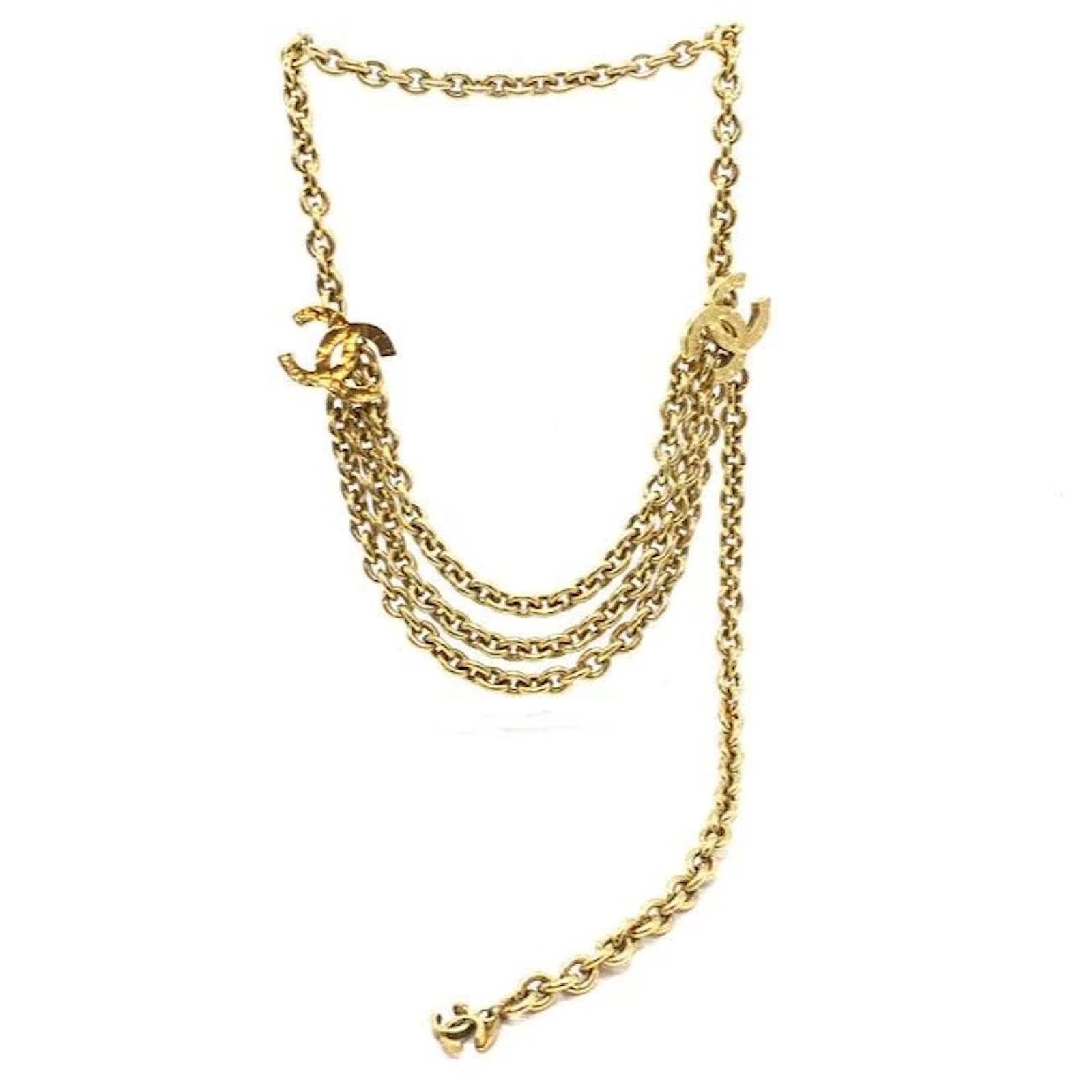Chanel Gold CC Triple Chain Hammered Charm Necklace Golden Metal
