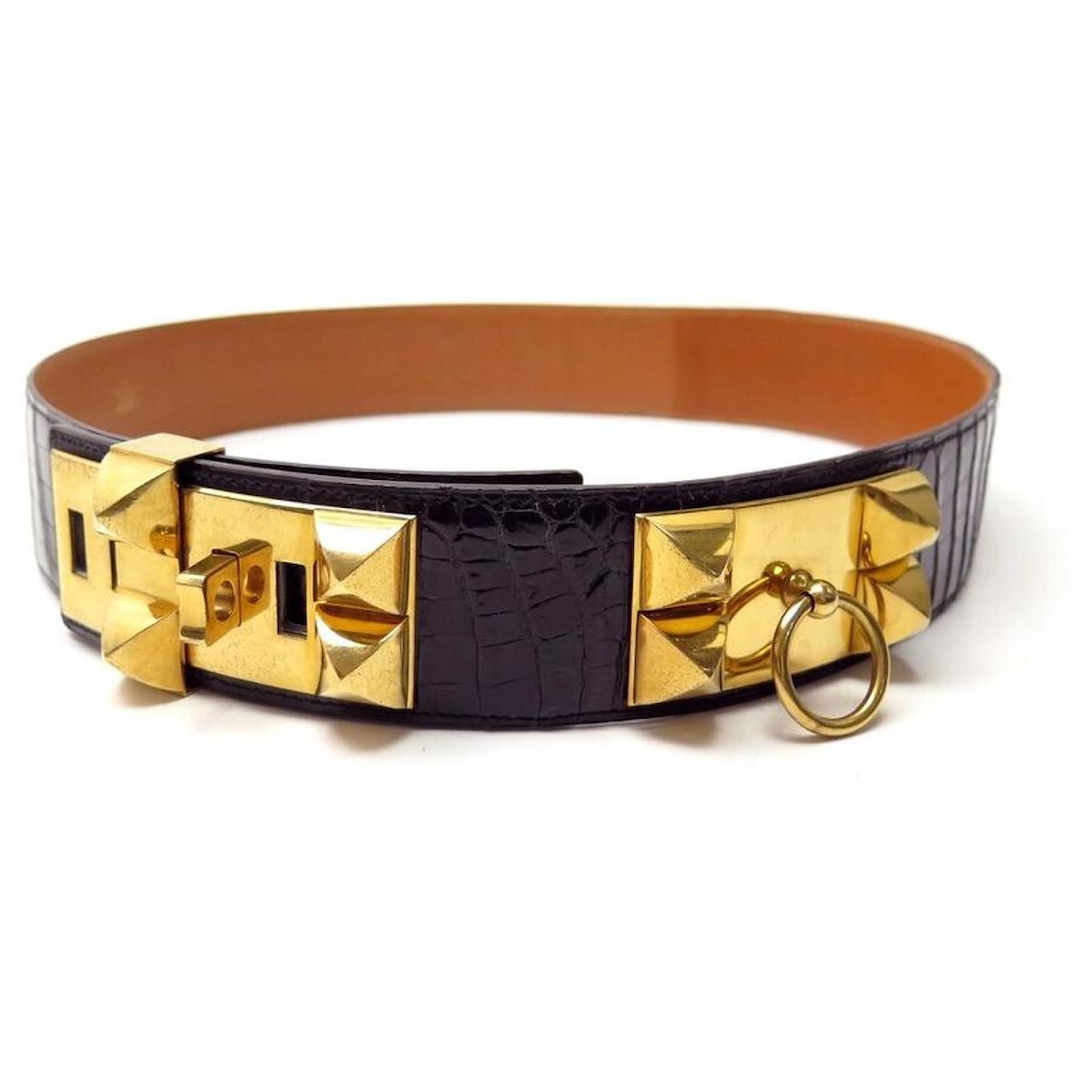 Hermès HERMES MEDOR BELT DOG COLLAR T90 POROSUS BELT CROCODILE LEATHER  Black Exotic leather ref.691441 - Joli Closet