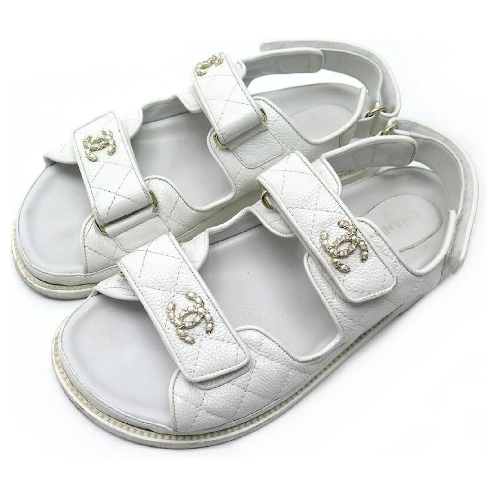 CHANEL DAD G SHOES35927 38 WHITE LEATHER SANDALS CC LOGO BOX