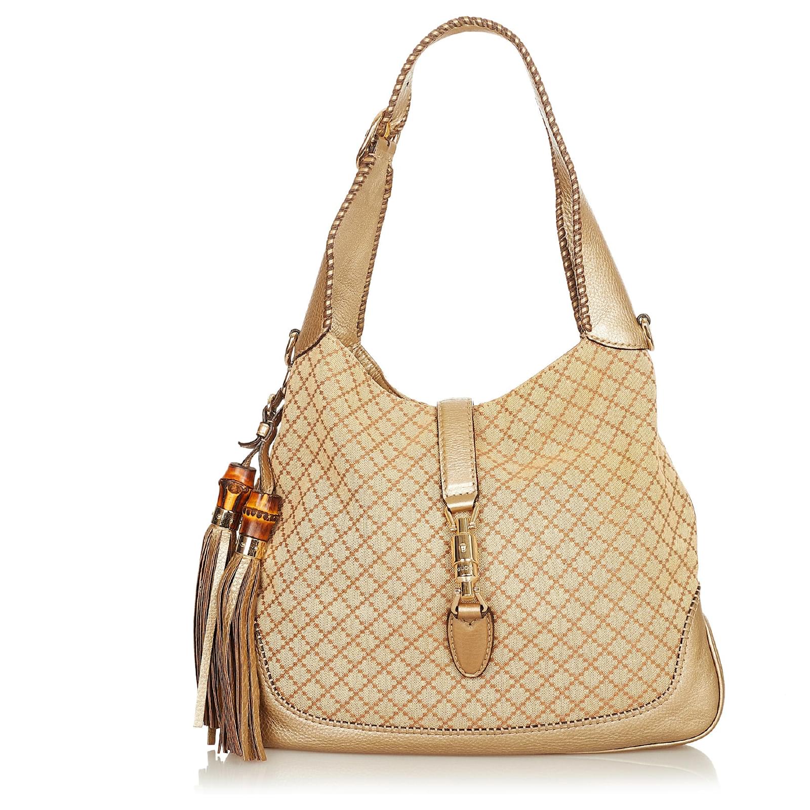 Gucci Brown Diamante New Jackie Tassel Canvas Shoulder Bag