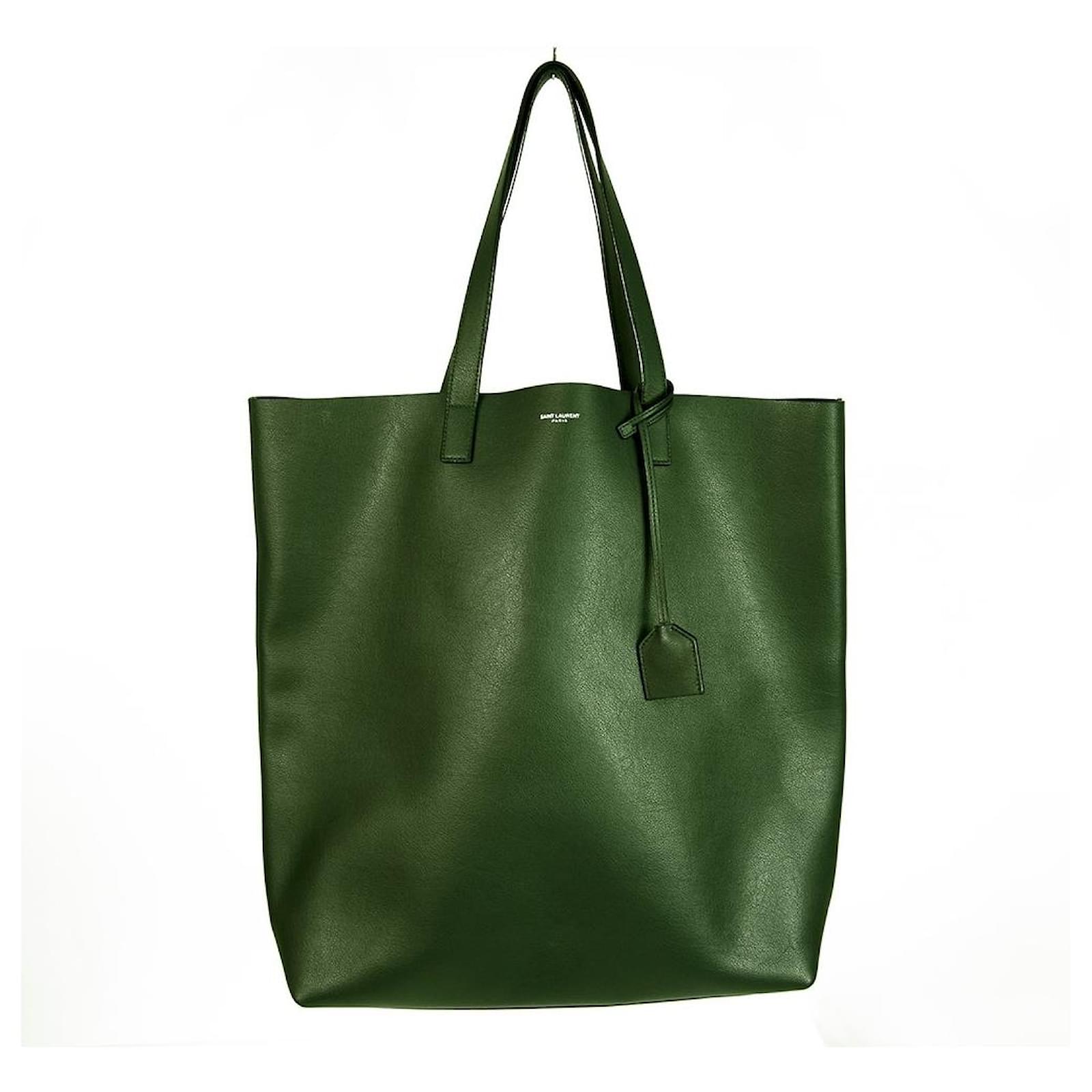SAINT LAURENT dark green large shopper textured leather tote