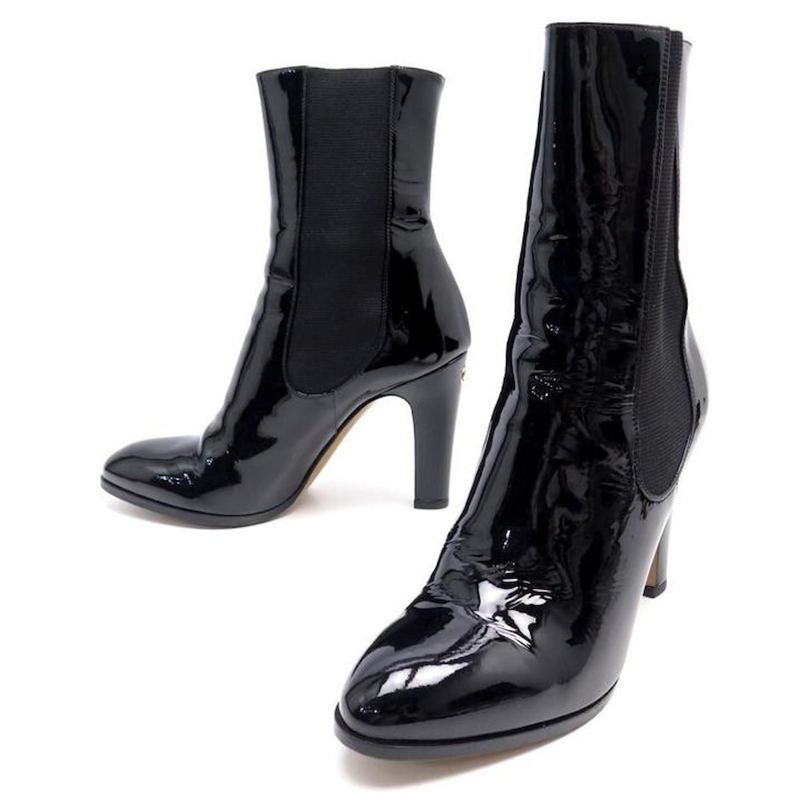 CHANEL ANKLE BOOTS G30090 38.5 BLACK PATENT LEATHER + BOOTS SHOES BOX