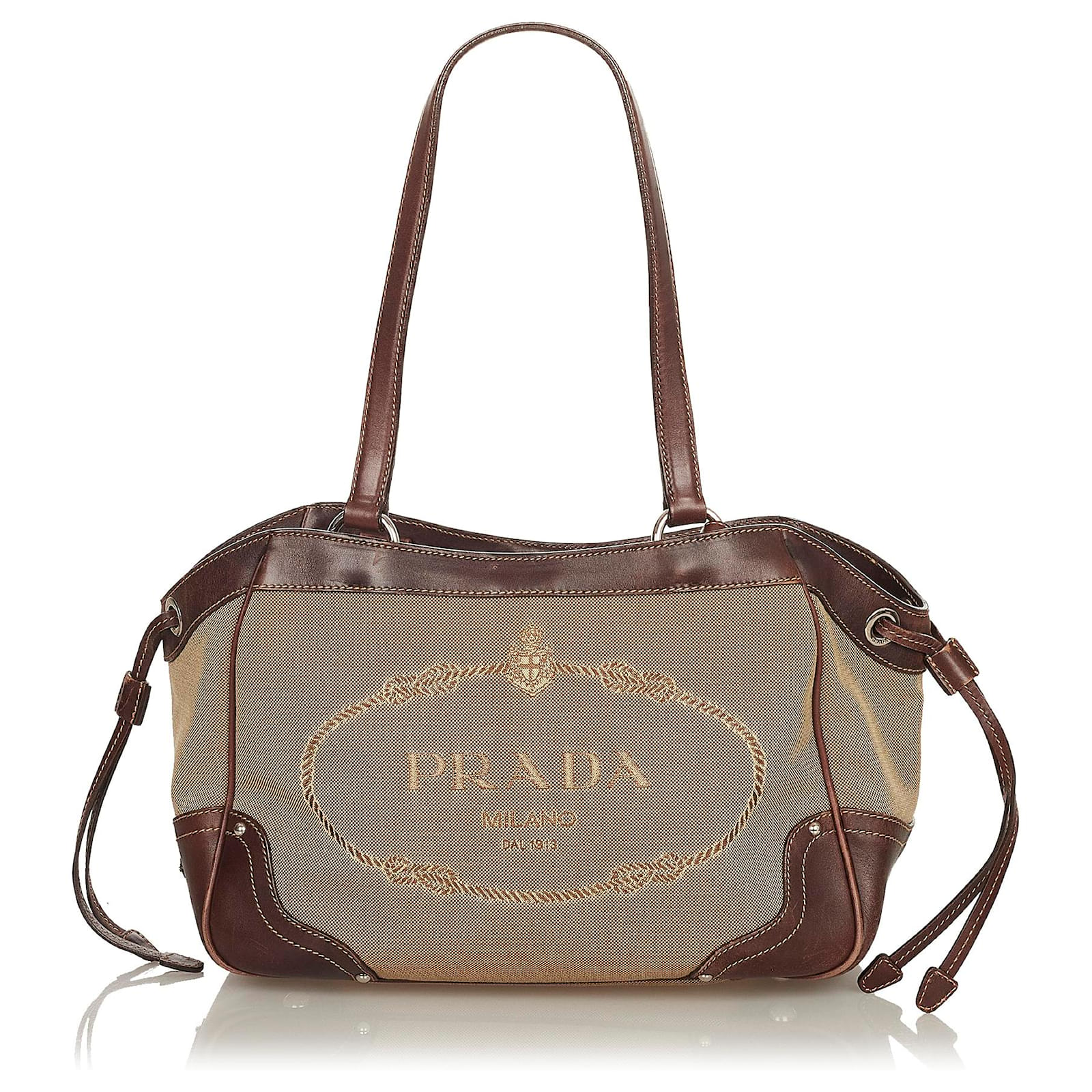 Prada Brown Canapa Logo Shoulder Bag Light brown Dark brown Leather Cloth  Pony-style calfskin Cloth  - Joli Closet