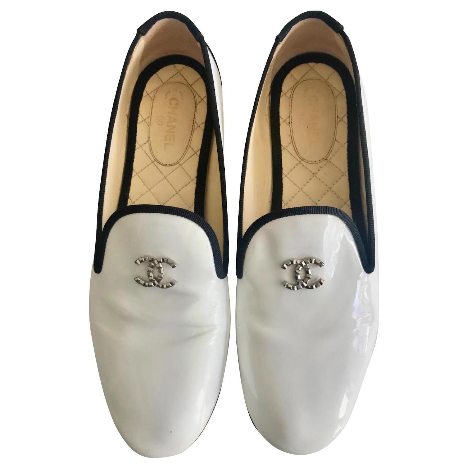 Chanel CC Black and White Loafers Patent leather Cloth  - Joli  Closet
