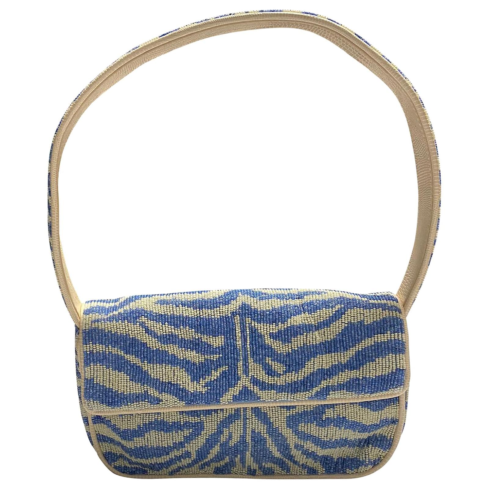 Staud Tommy Beaded Bag in Blue and White Stripe Leather ref