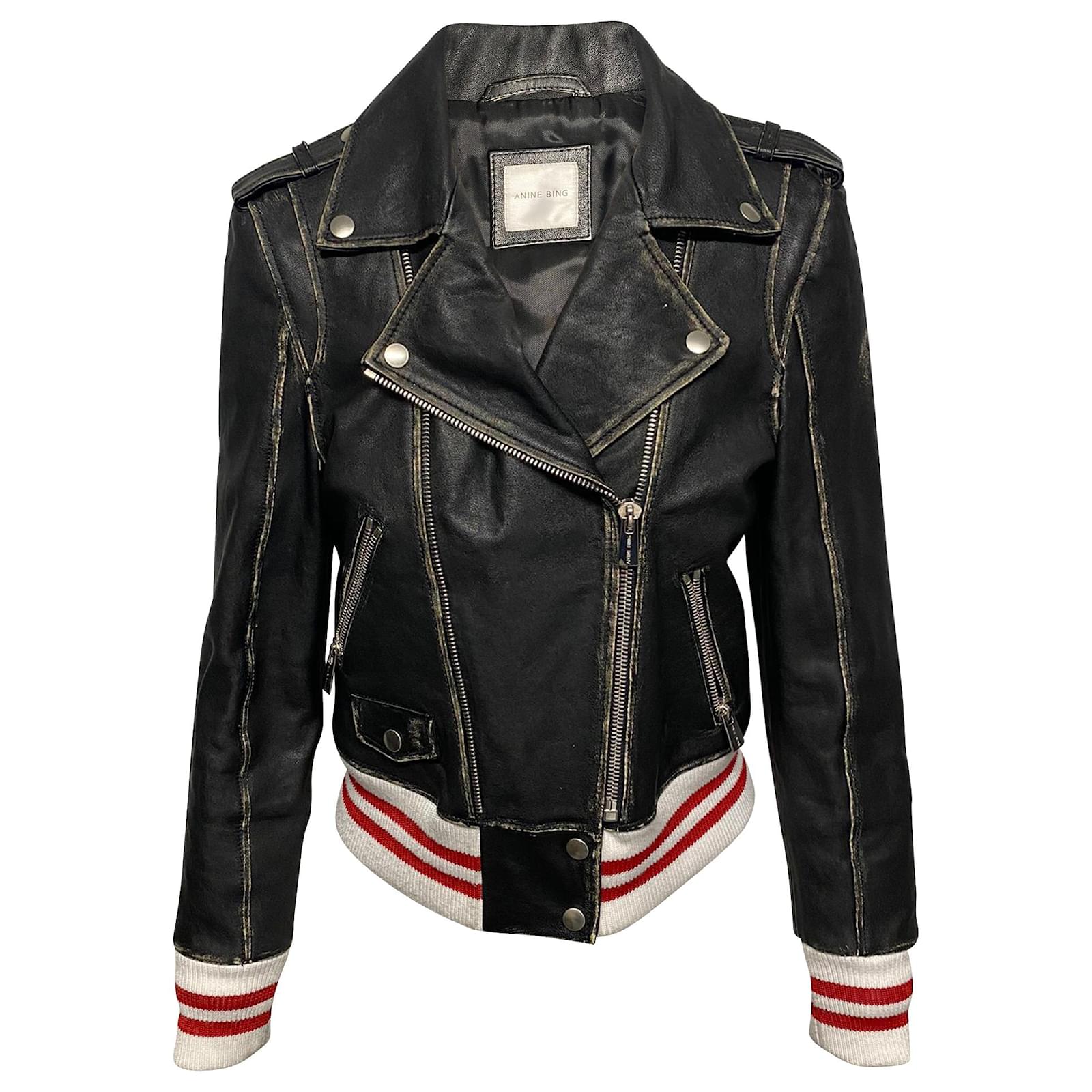 Anine Bing Distressed Quinlan Moto Jacket in Black calf leather