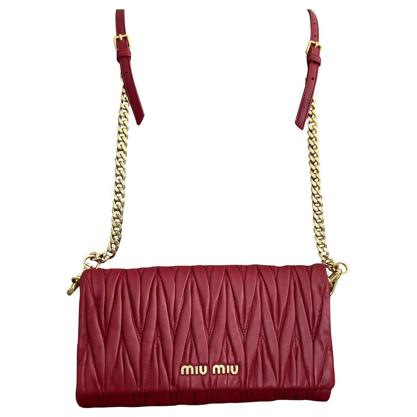 Miu Miu Crystal Embellished Leather and Matelassé Velvet Shoulder Bag Red