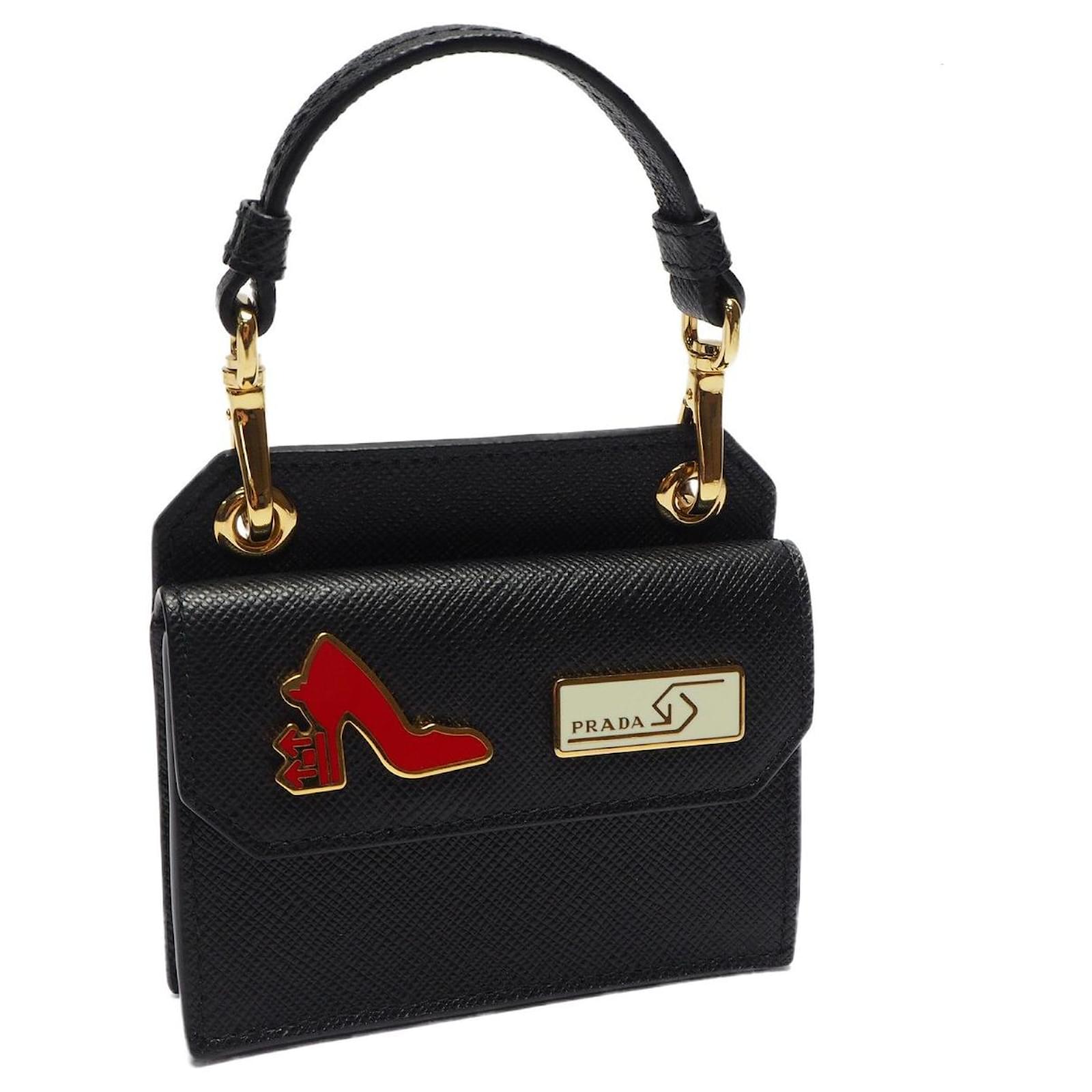 Used] Prada Saffiano Card Case Card Folder Bag Charm Ladies High Heels  Motif Logo Plate Saffiano Leather Black  - Joli Closet