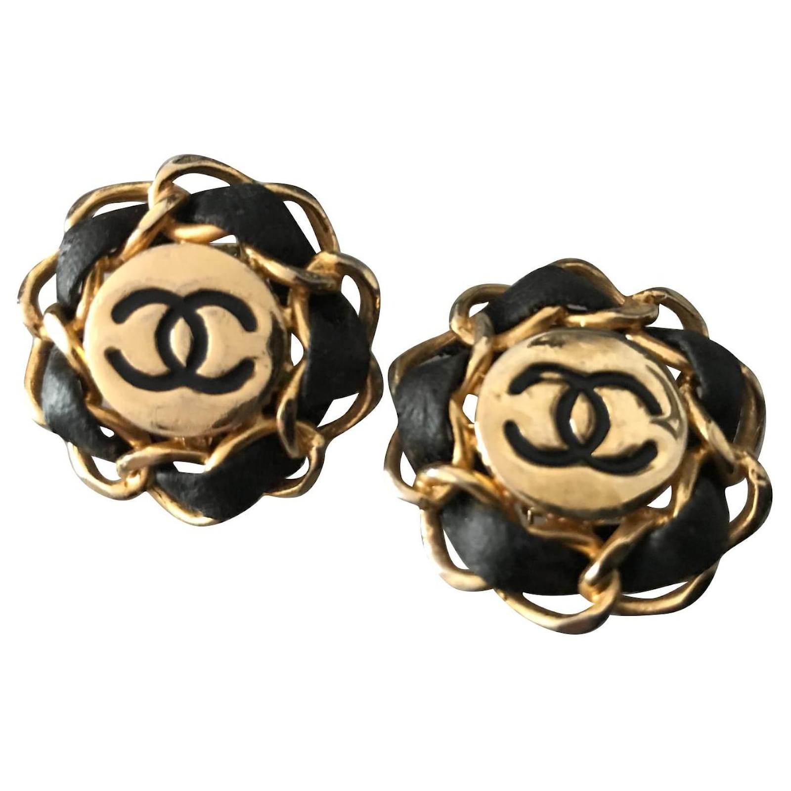 Chanel Vintage Black Leather CC Stud Earrings