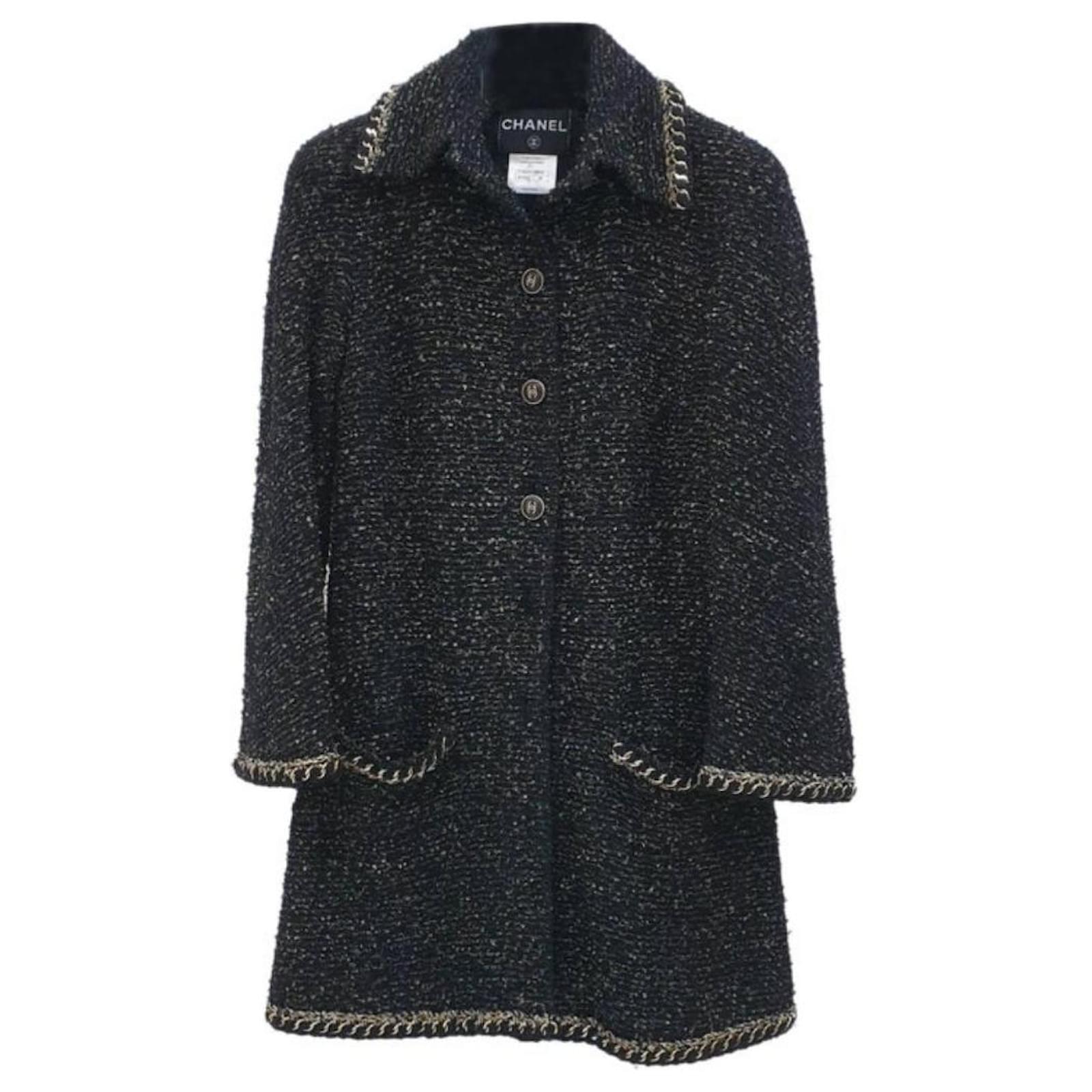 Chanel 11A Black Ecru Tweed Jacket Coat Gold Chain CC