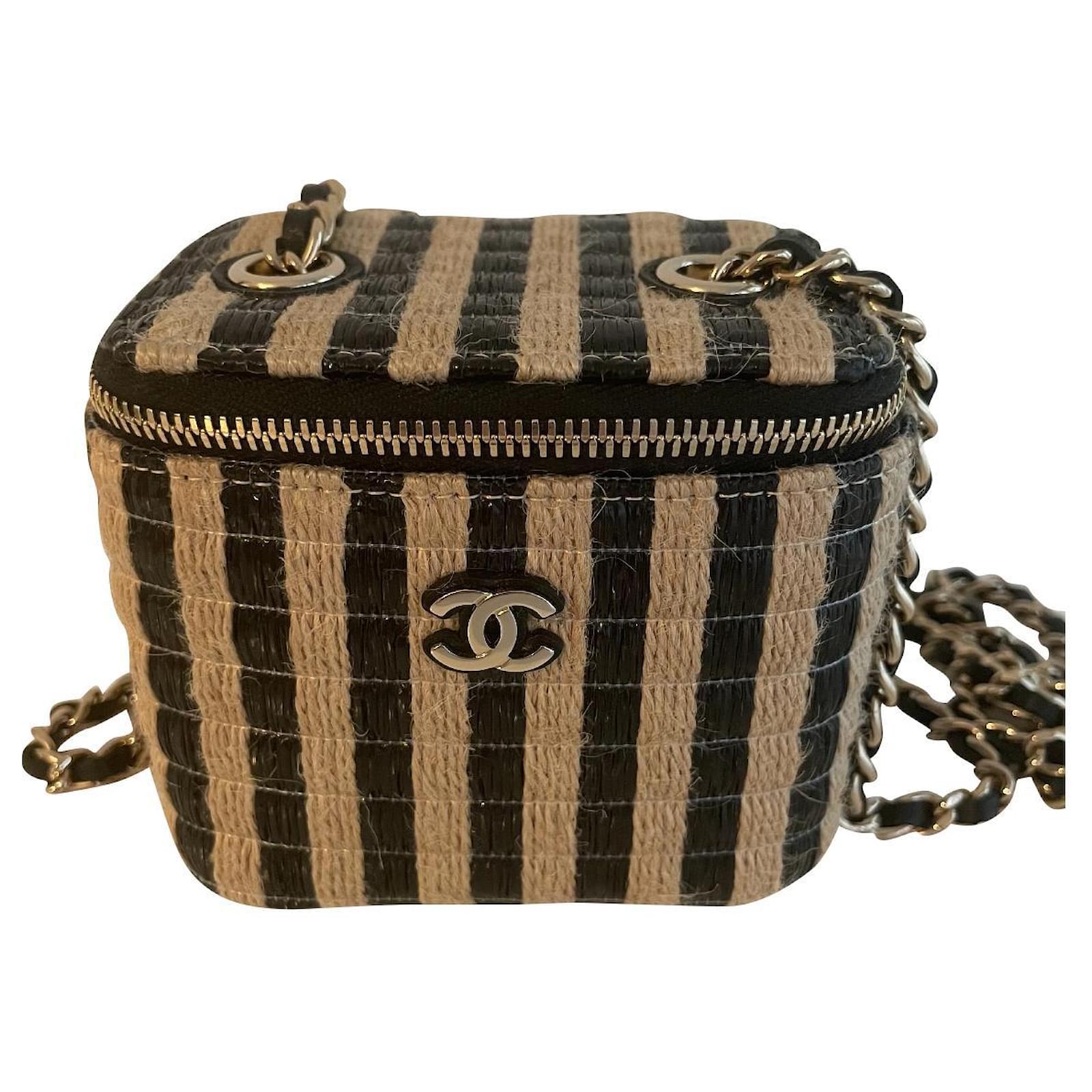 Classic Vanity Case with Chain Striped Raffia and Jute Small