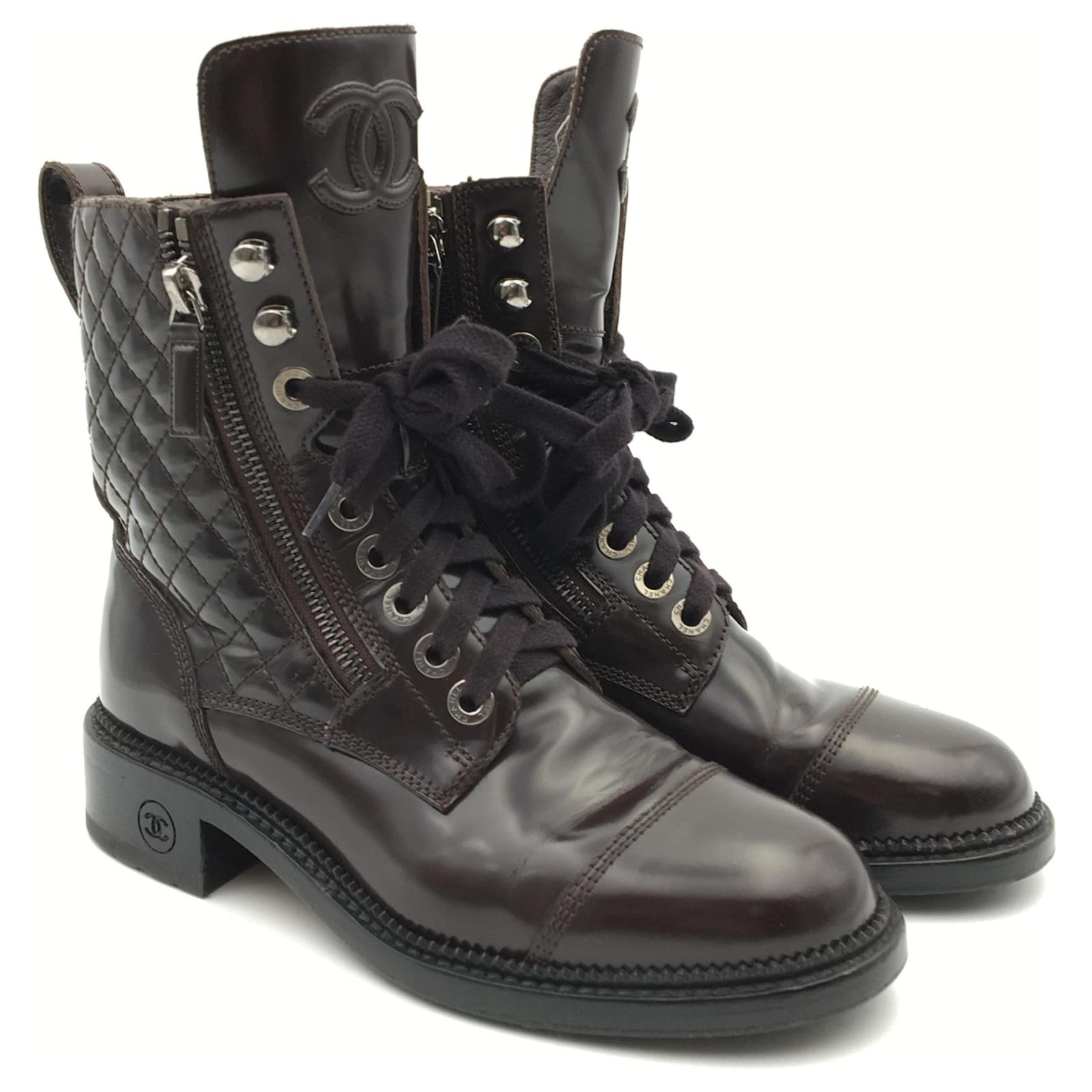 Chanel combat boots in chocolate brown quilted patent leather ref.398378 -  Joli Closet