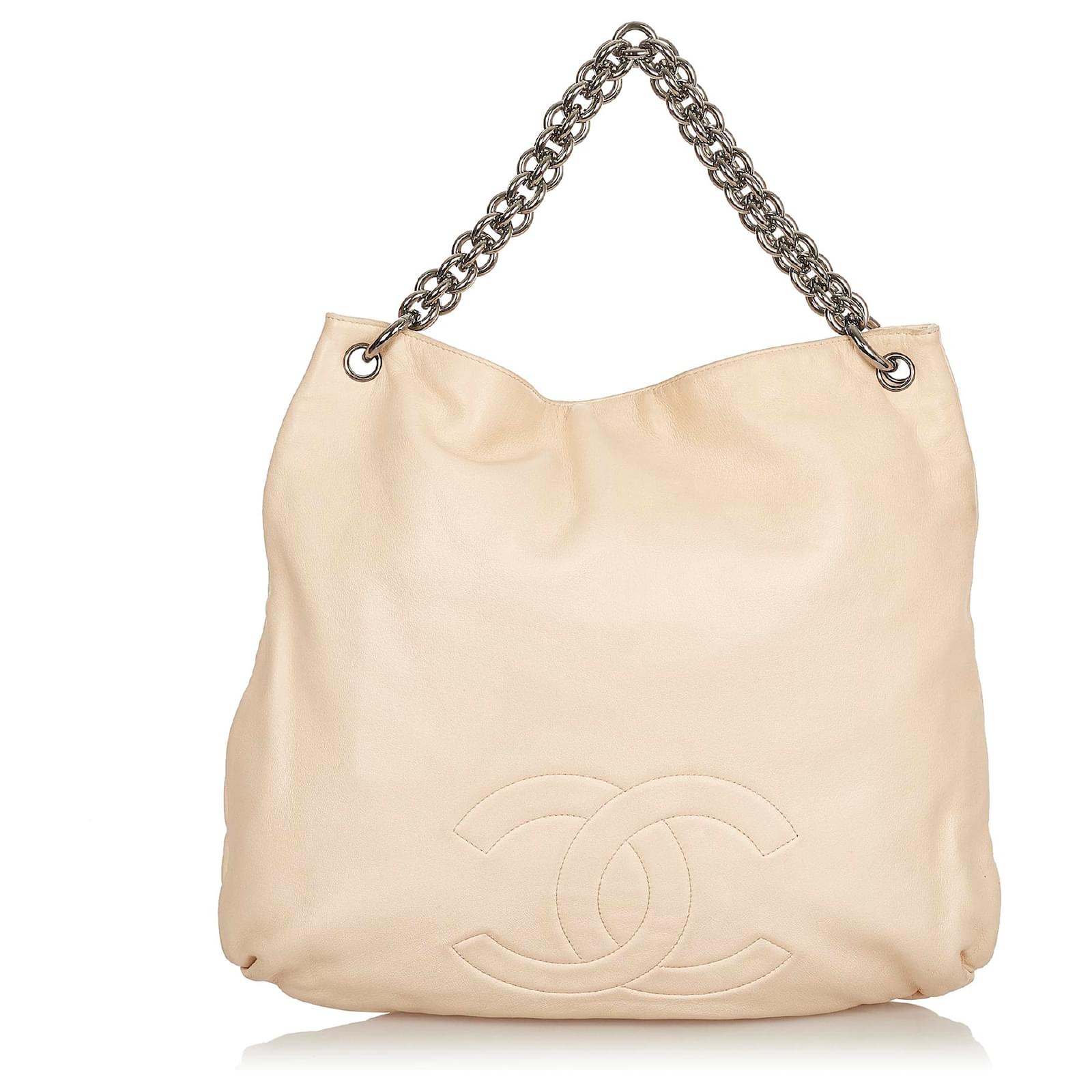 Chanel Brown CC Lambskin Leather Shoulder Bag Silvery Beige Metal