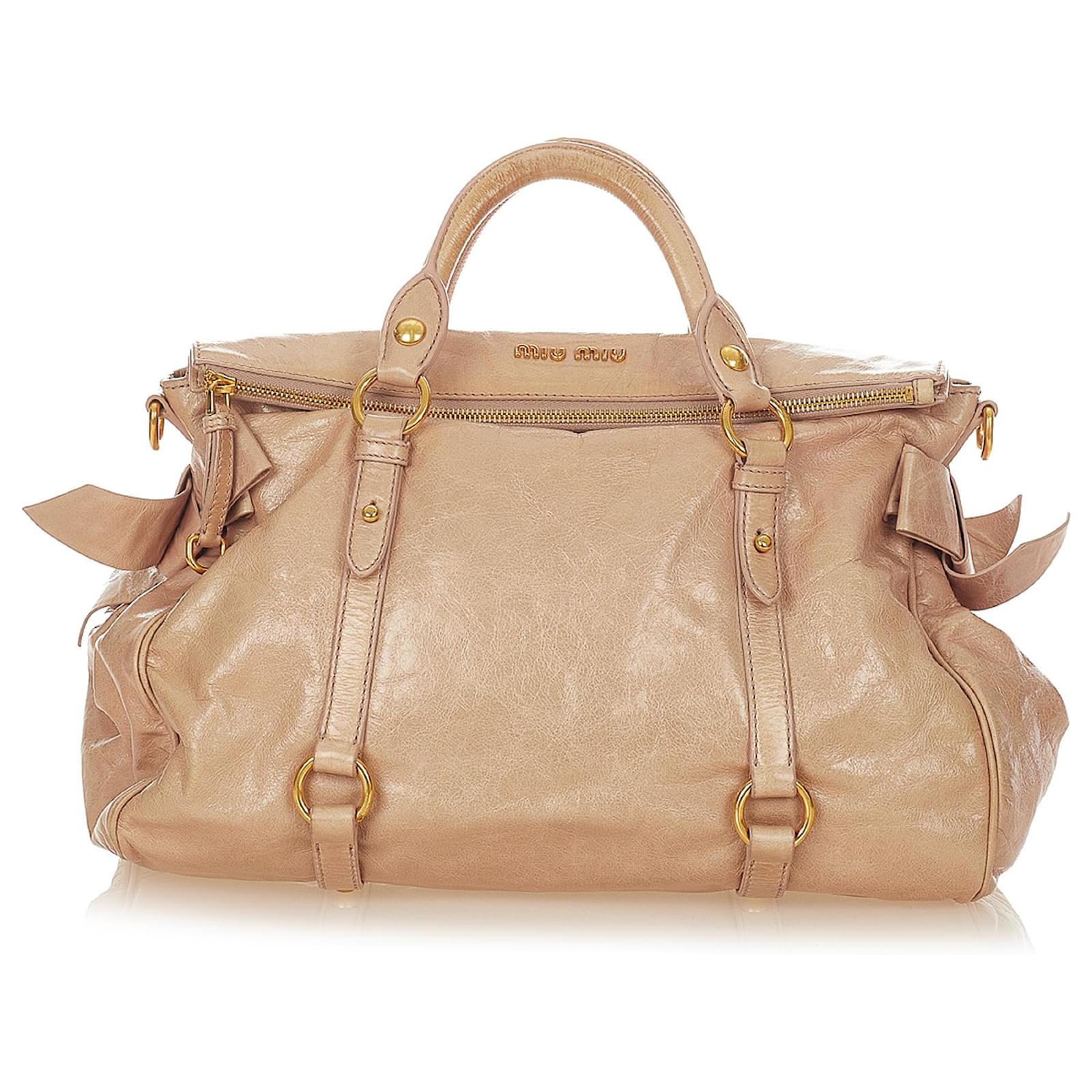 Miu Miu Brown Vitello Lux Bow Satchel Beige Leather Pony-style calfskin  ref.371289 - Joli Closet