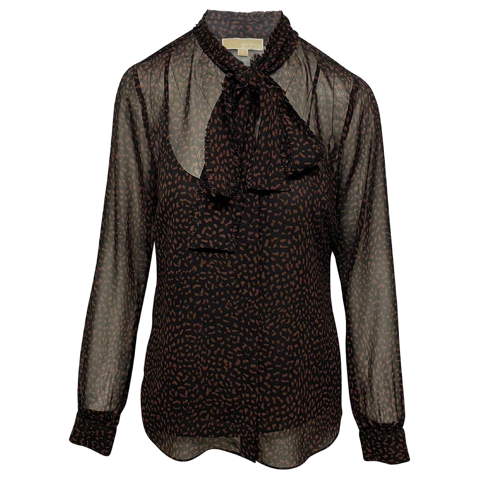 Michael Kors Pussy Bow Printed Chiffon Blouse in Brown Polyester   - Joli Closet