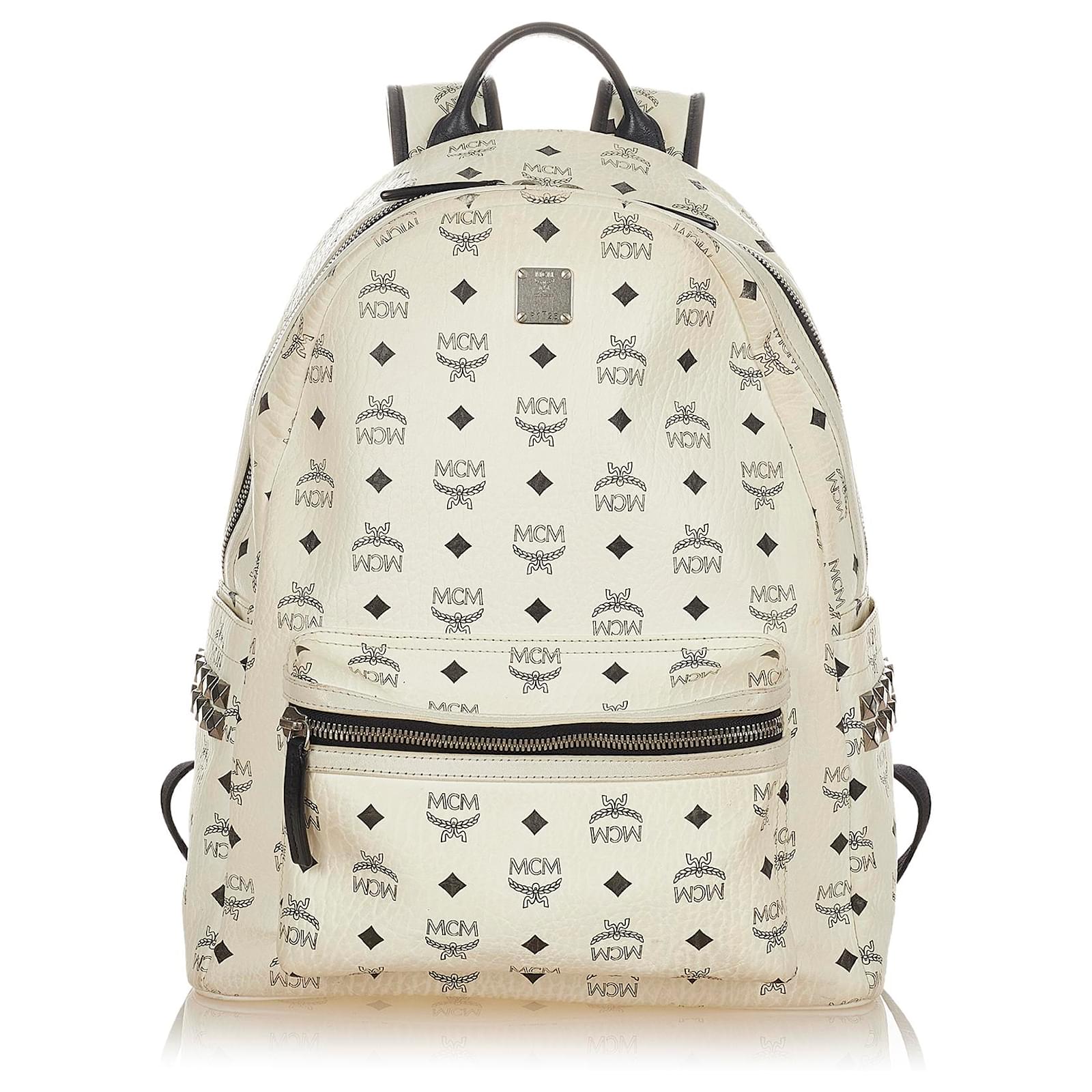 MCM White Visetos Stark Leather Backpack