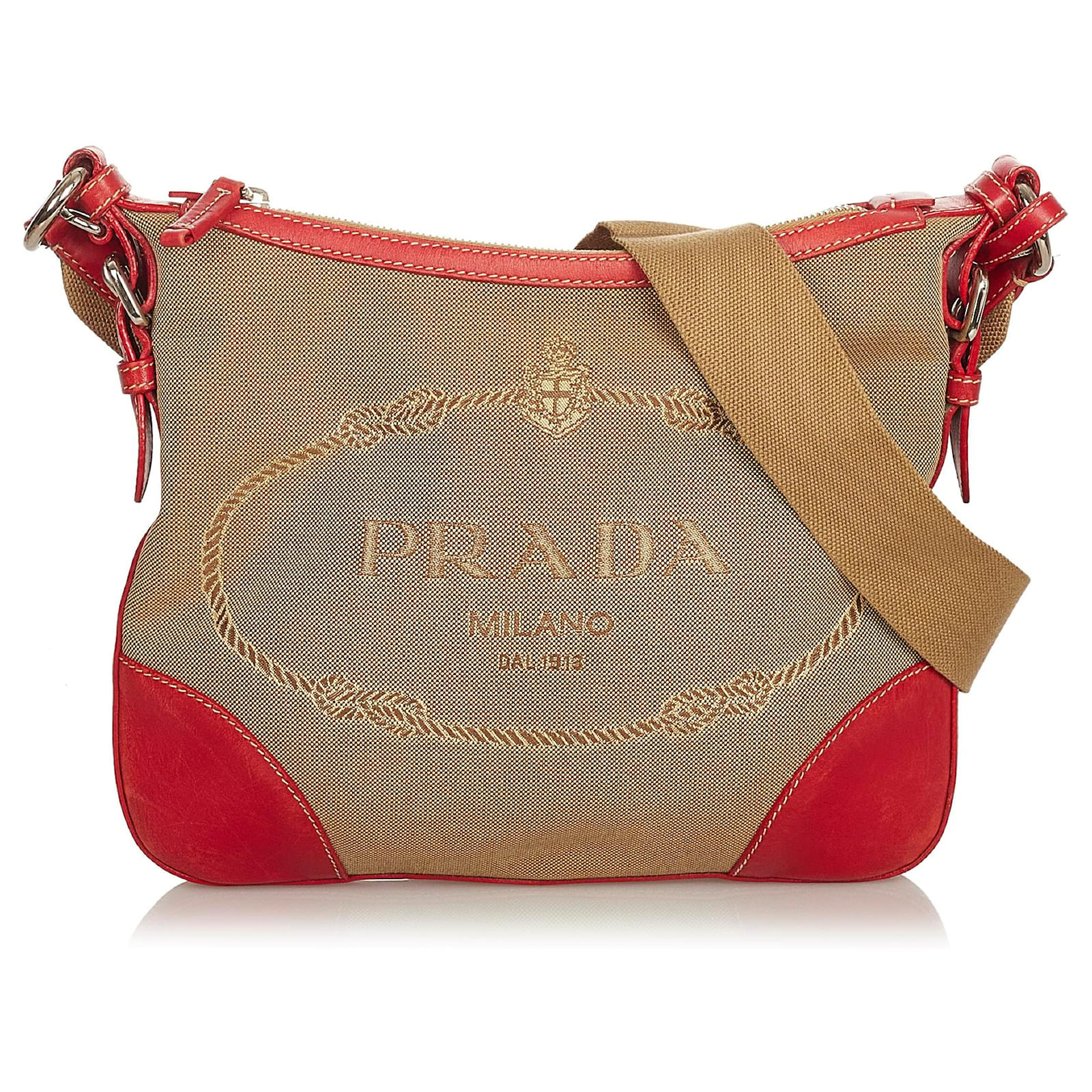 Vintage Shoulder Bag PRADA Logo Canvas Red Leather Bag Prada 