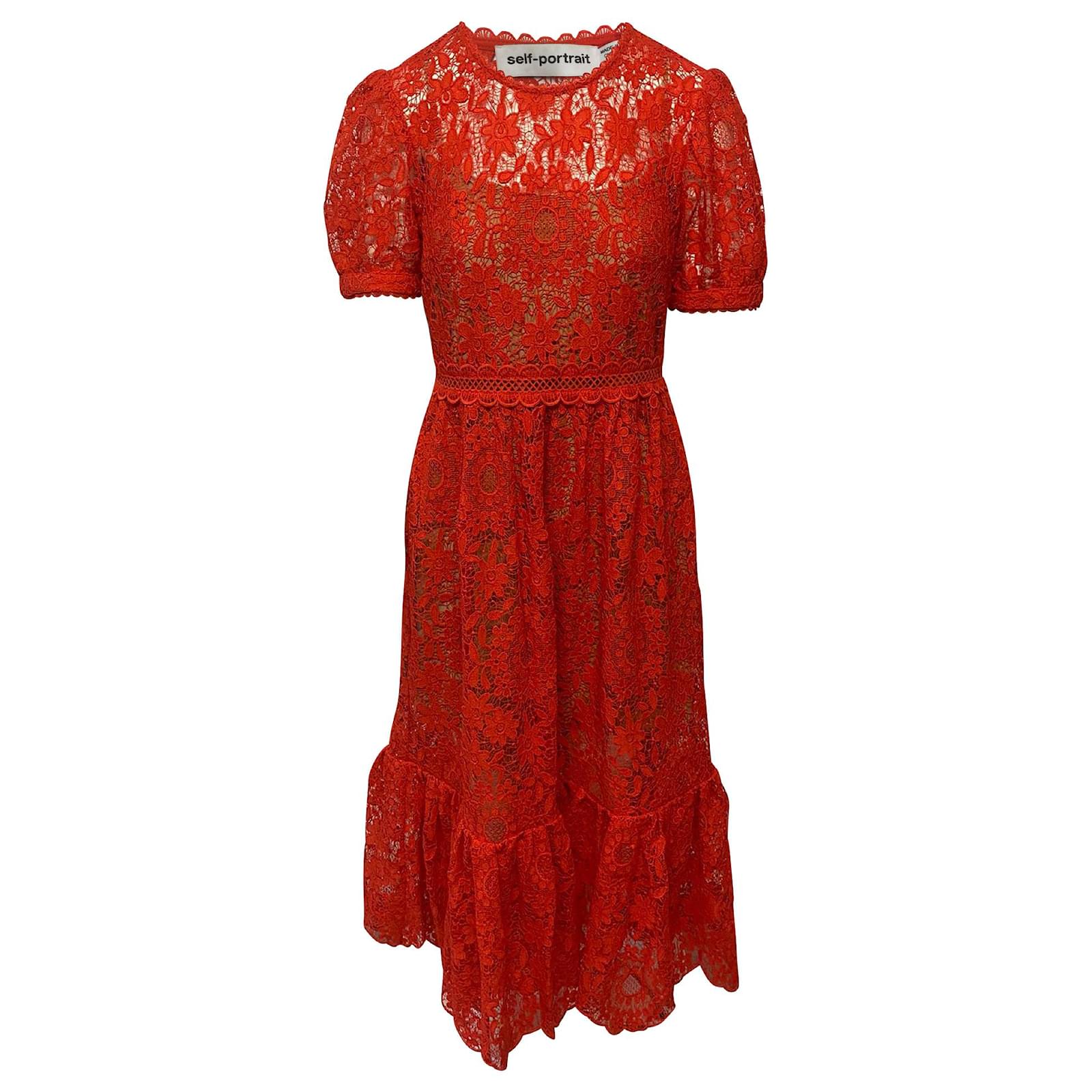 Self portrait Robe mi-longue en dentelle guipure Self-Portrait en polyester  corail Orange ref.JC403471 (Vendu) - Joli Closet