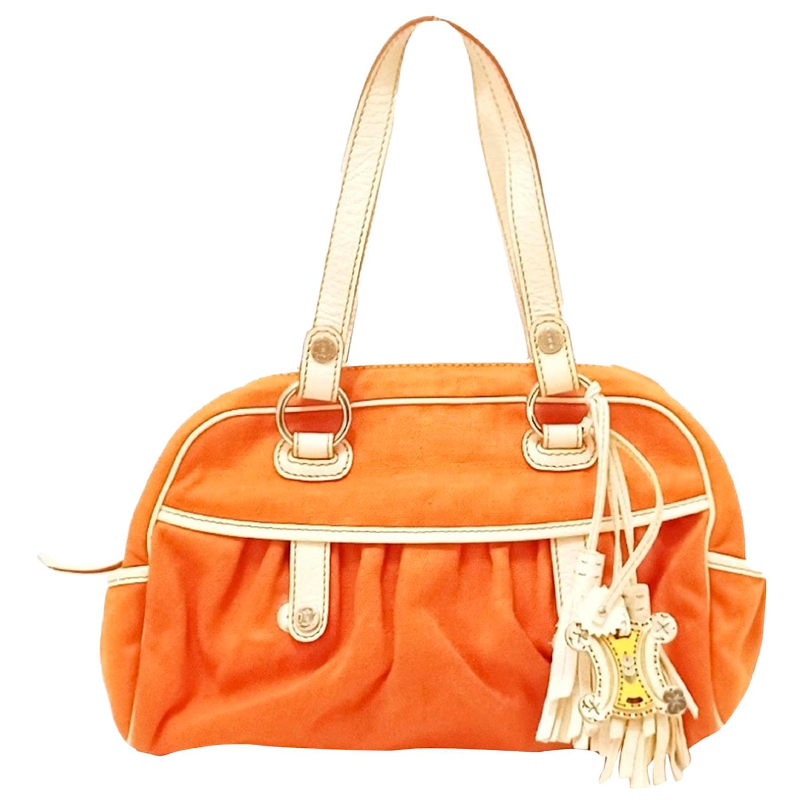 Céline Bolso Celine de Lona Naranja Blanco Cuero Lienzo Becerro Paño  ref.405777 - Joli Closet