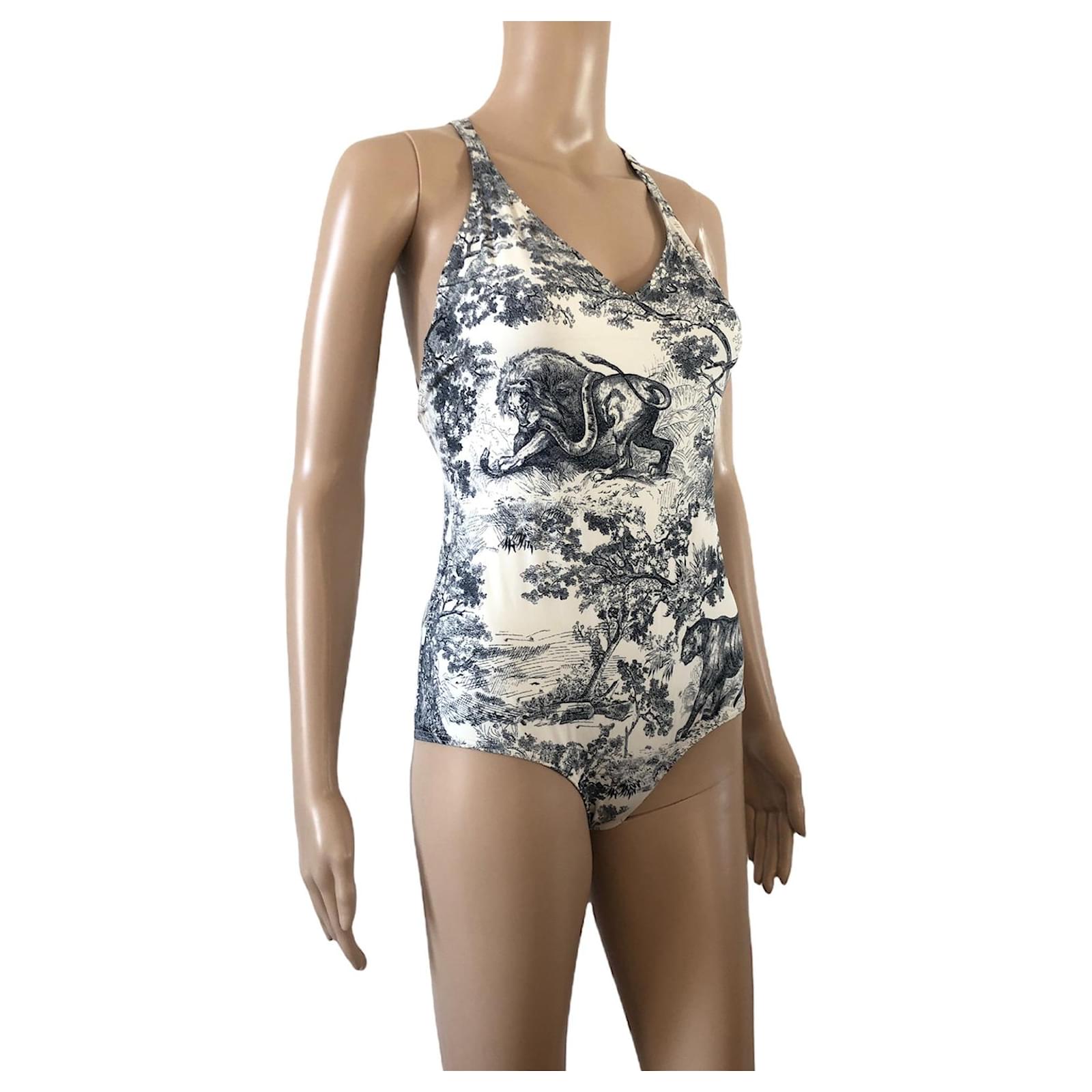 Dioriviera One-Piece Swimsuit White and Blue Toile de Jouy Technical Fabric