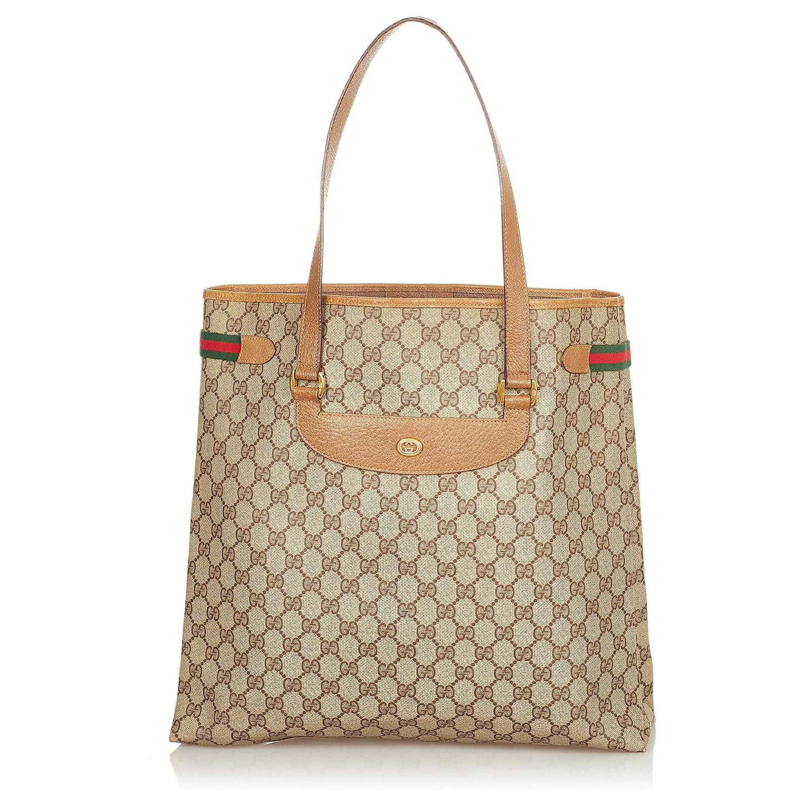 Gucci Brown GG Supreme Canvas Web Tote Gold Hardware (Very Good), Brown Womens Handbag