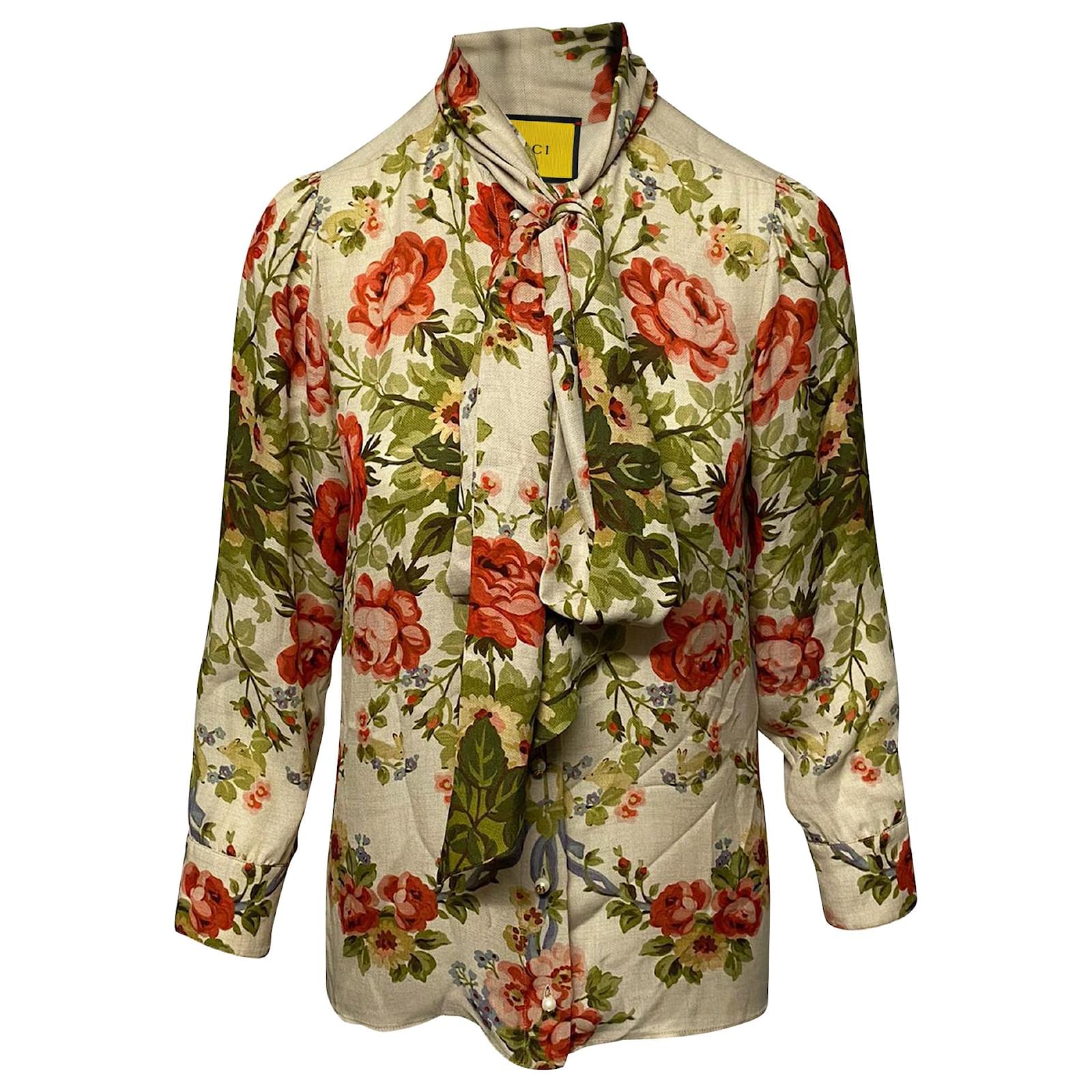 Gucci Floral Shirt with Bow in Multicolor Silk Multiple colors ref ...