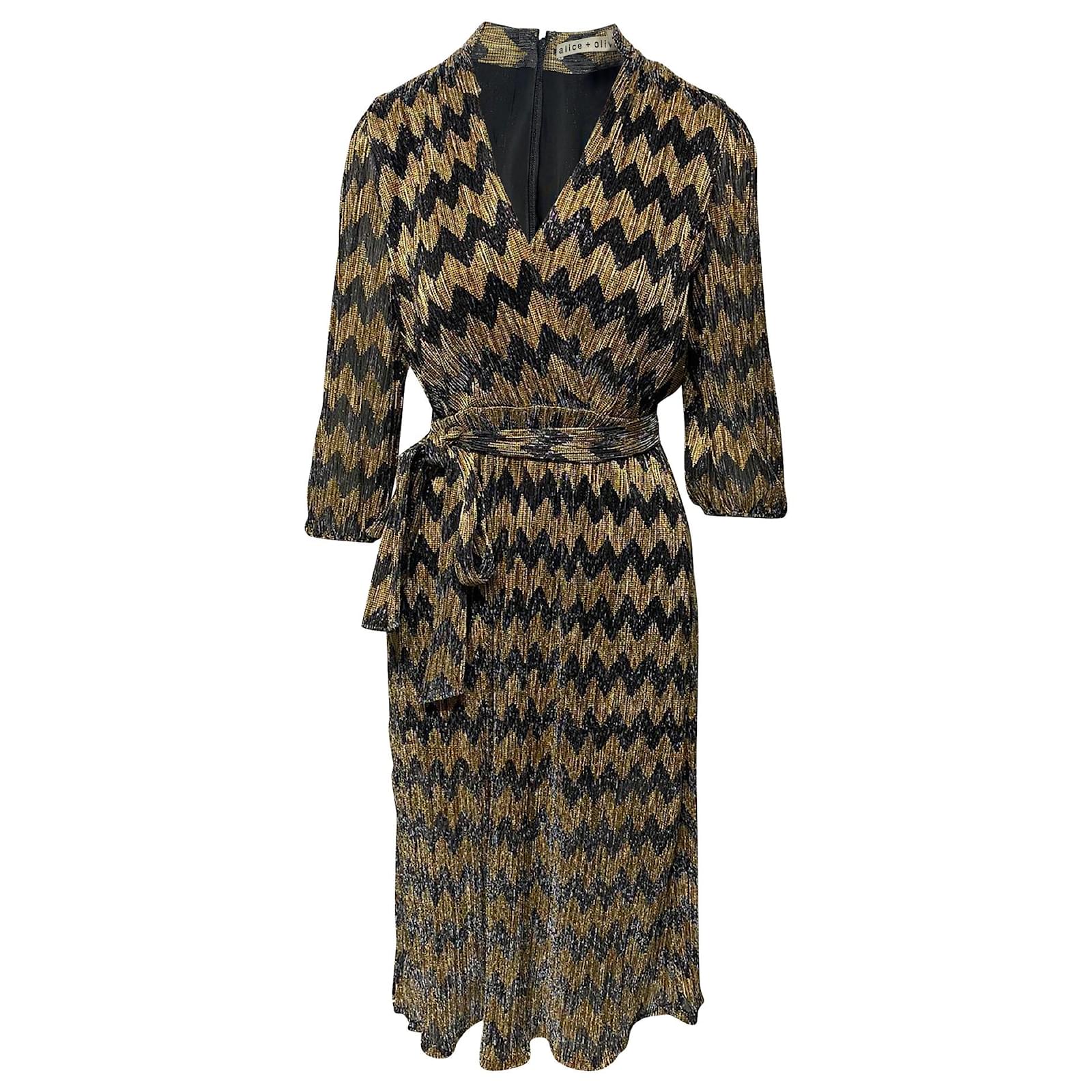 Alice + Olivia Katina Wrap Midi Dress in Silver and Gold Polyester ...
