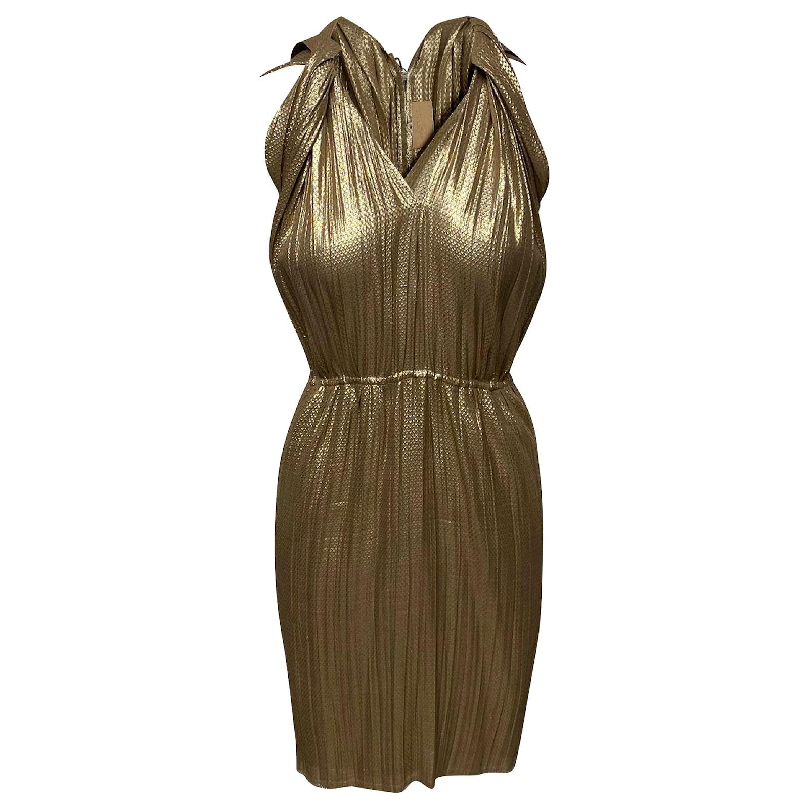 Robe De Soirée Sans Bretelles Oscar De La Renta - Taille 8, Soie Dorée Taffetas, Neuve Avec étiquettes