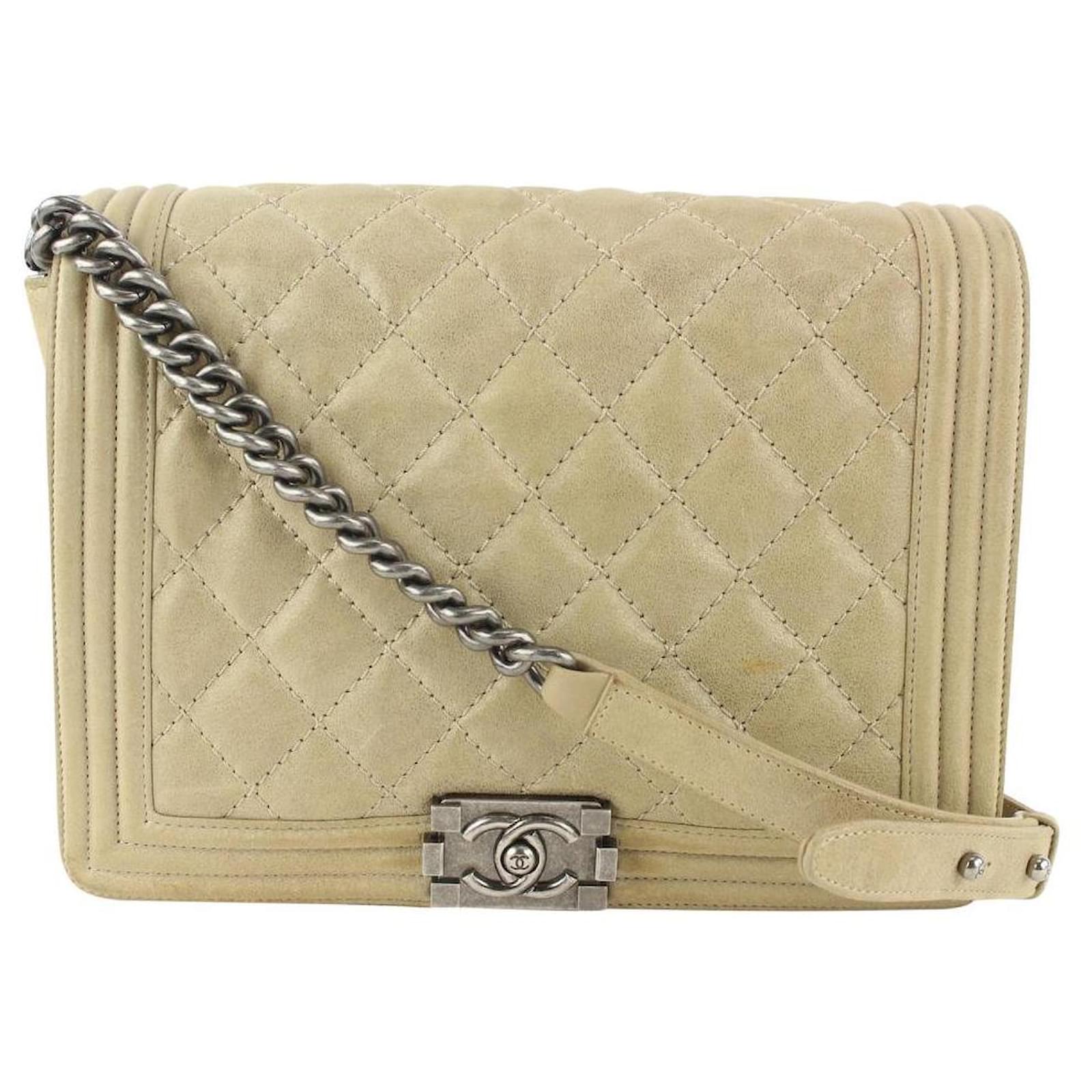 Chanel Taupe Beige Quilted Suede Large Boy Bag SHW L Leather ref