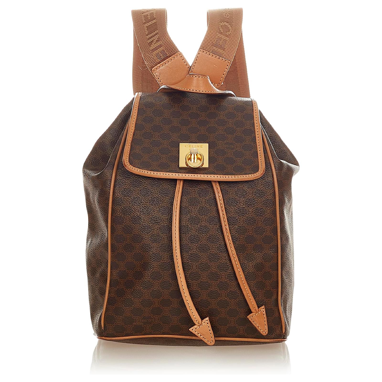 Céline Celine Brown Macadam Drawstring Backpack Leather Plastic