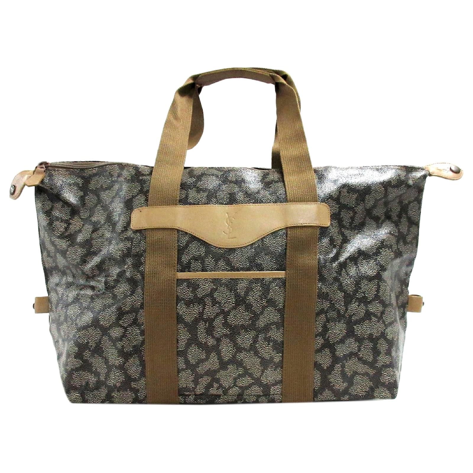 Yves Saint Laurent YSL Gray Printed PVC Tote Bag Brown Beige Grey