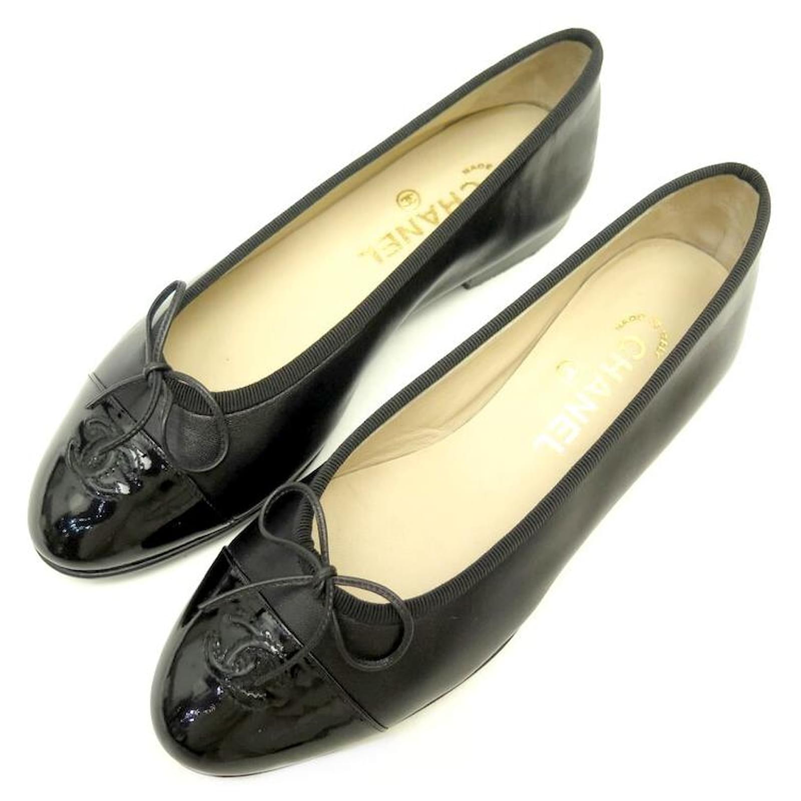 NEW CHANEL BALLERINA CC A LOGO SHOES02819 37.5 BLACK LEATHER BLACK SHOES  ref.410951 - Joli Closet