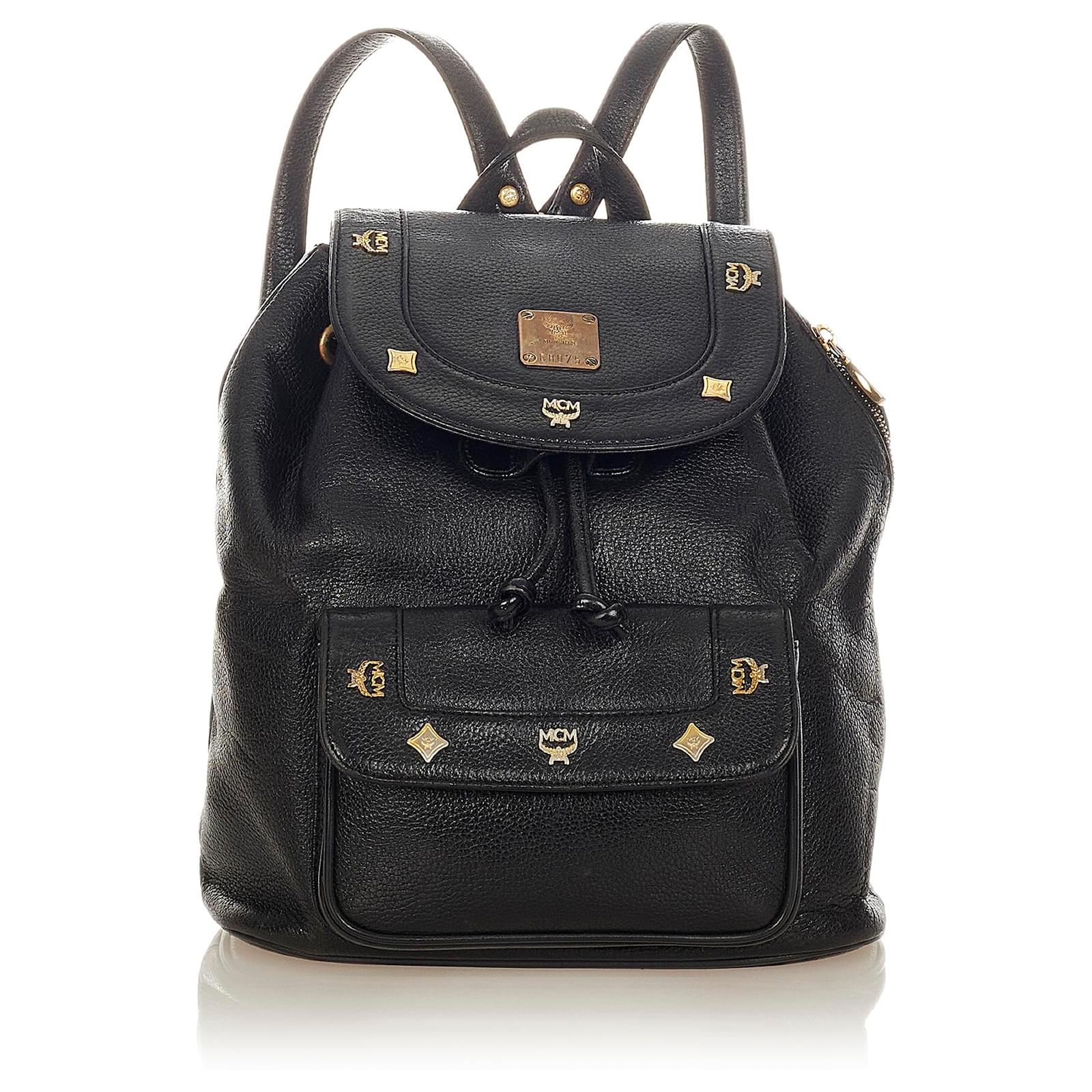 MCM Black Leather Drawstring Backpack Ponystyle calfskin ref.411403