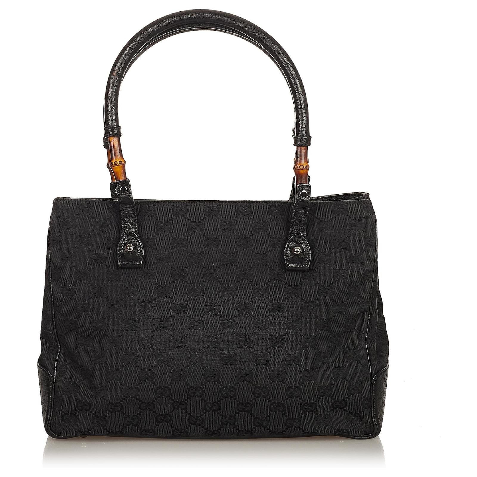 Gucci Black Bamboo GG Canvas Handbag Leather Cloth Pony-style calfskin ...
