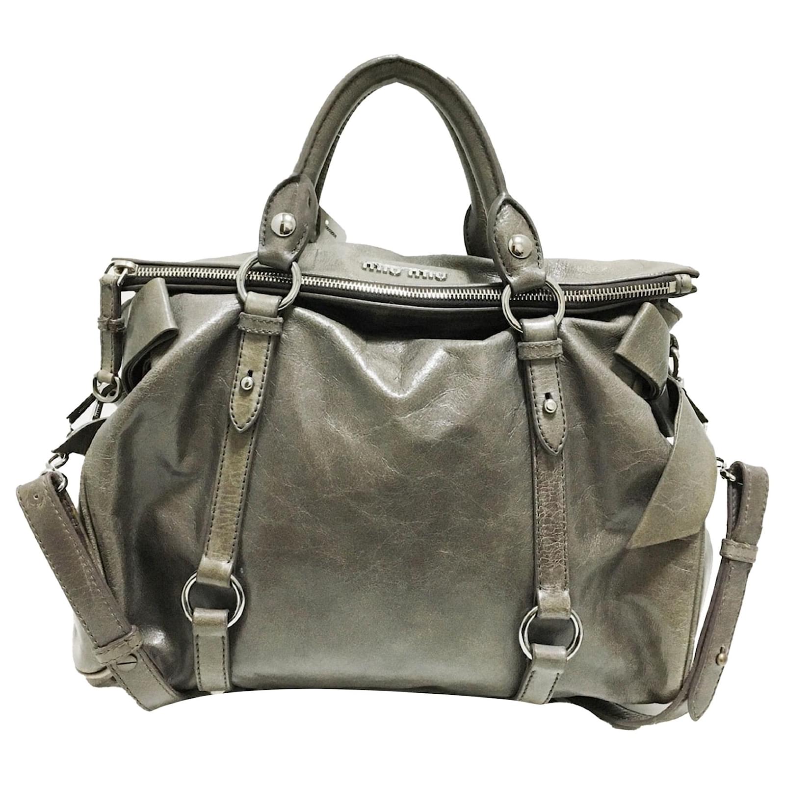 Miu Miu Vitello Luc Bow Satchel Shoulder Bag Grey Leather