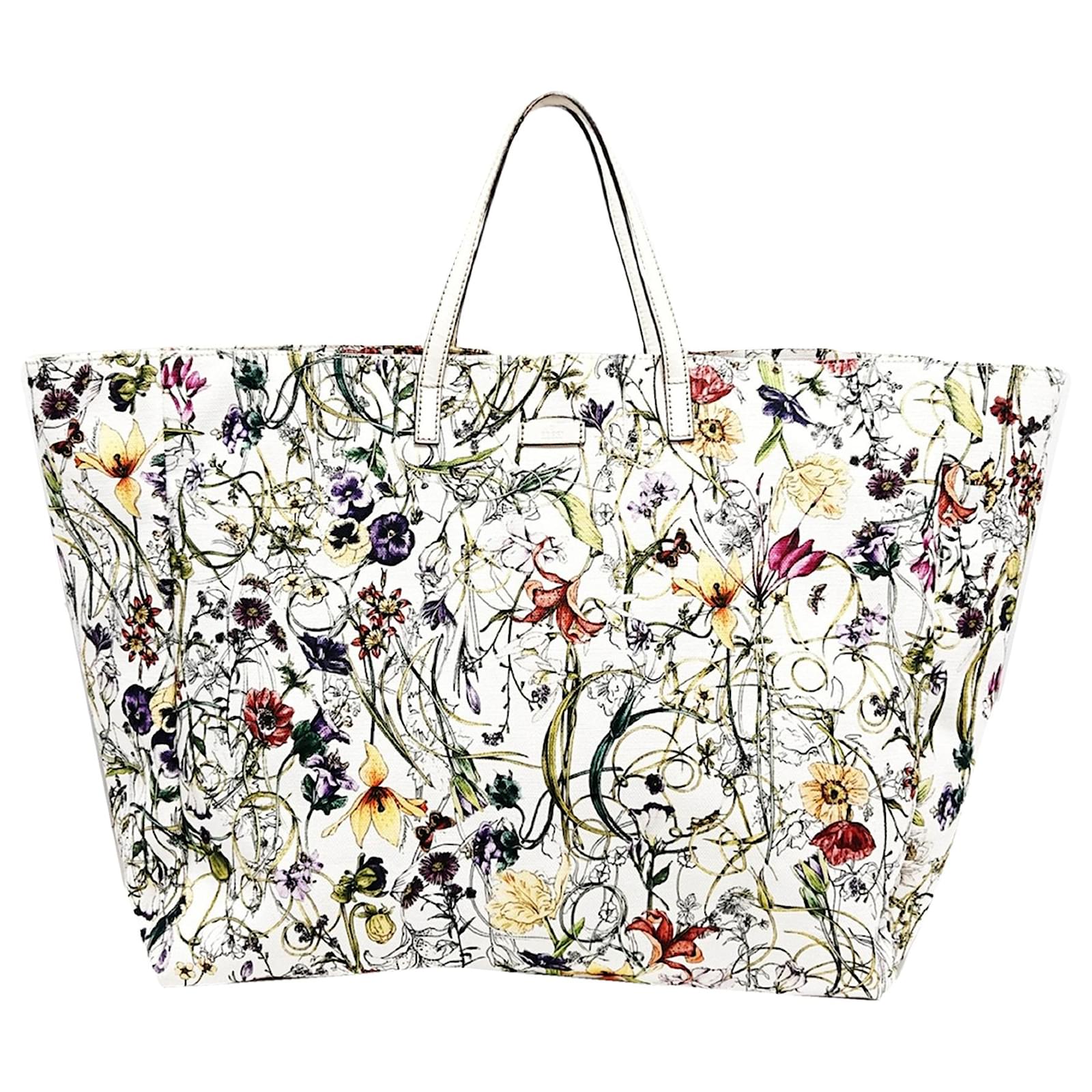 Gucci Floral Tote Shopping Bag in White Canvas