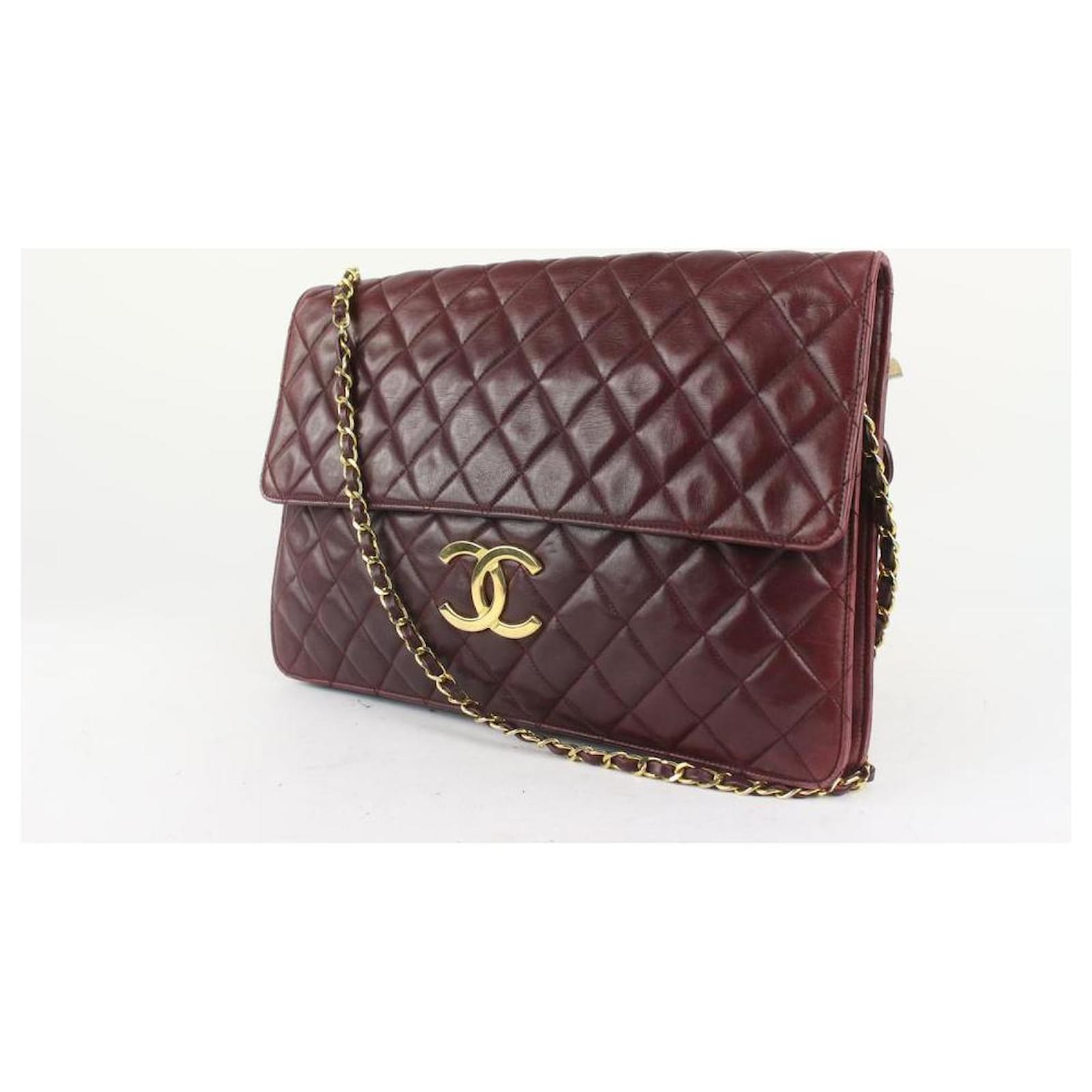 Chanel XL Burgundy Quilted Lambskin Singfle Flap Shoulder Bag