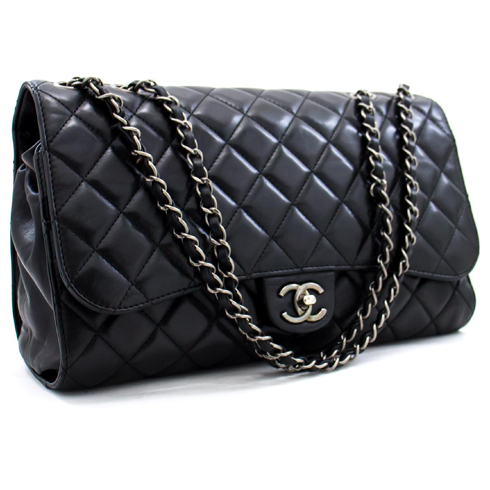 Chanel 12 Drawstring Large Chain Shoulder Bag Flap Black Lambskin
