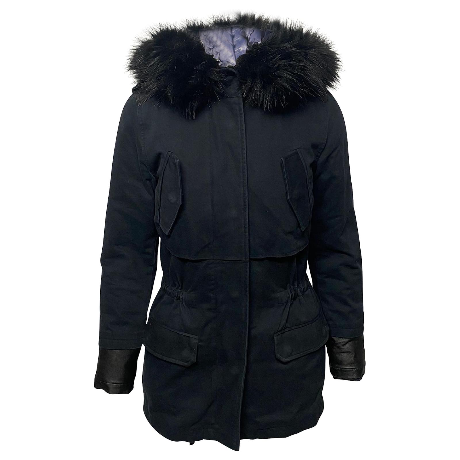Fur Doudoune Maje Bleu Long Down Jacket With Marmot Fur Blue Yves