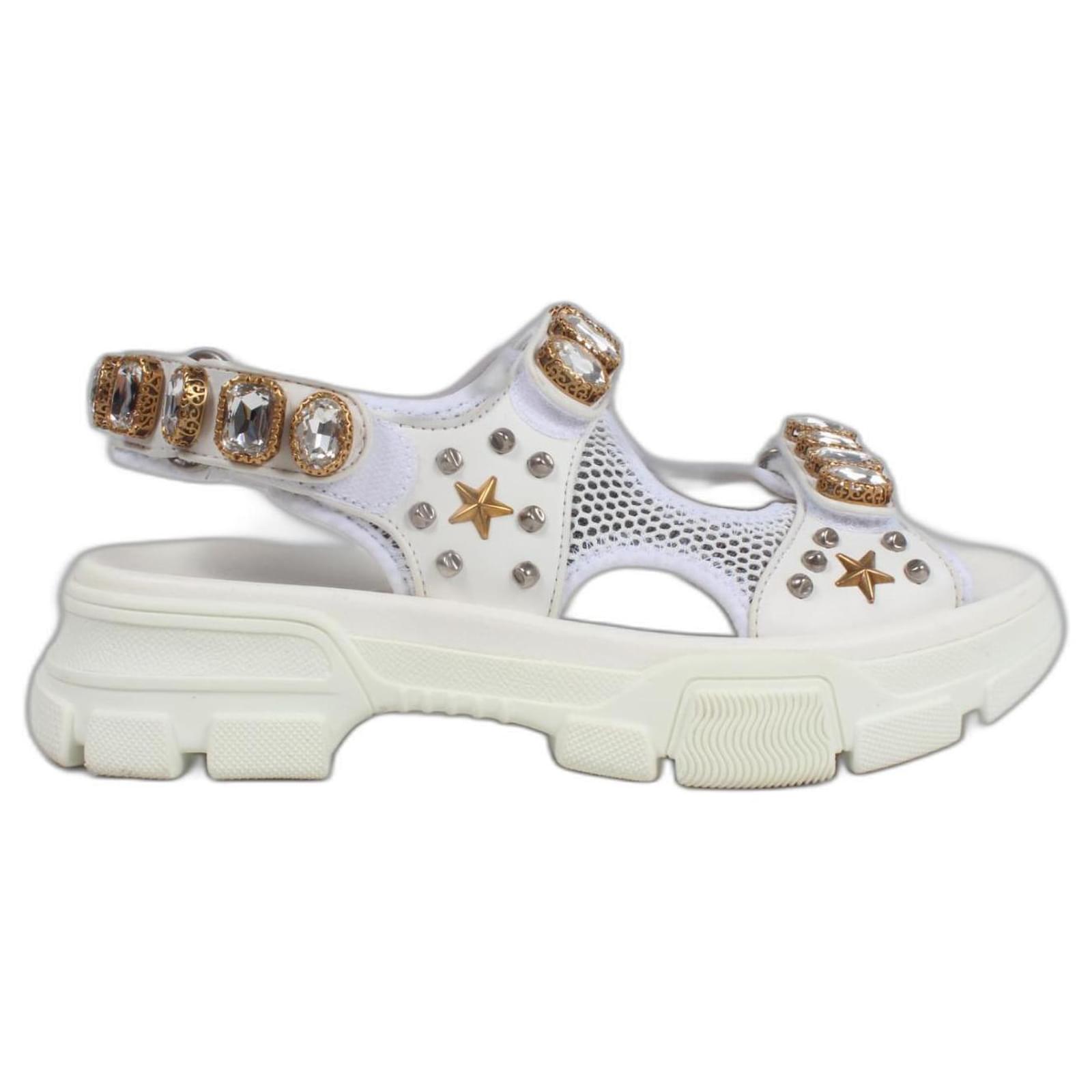Gucci Aguru Crystal sandals. White Leather ref.415601 - Joli Closet