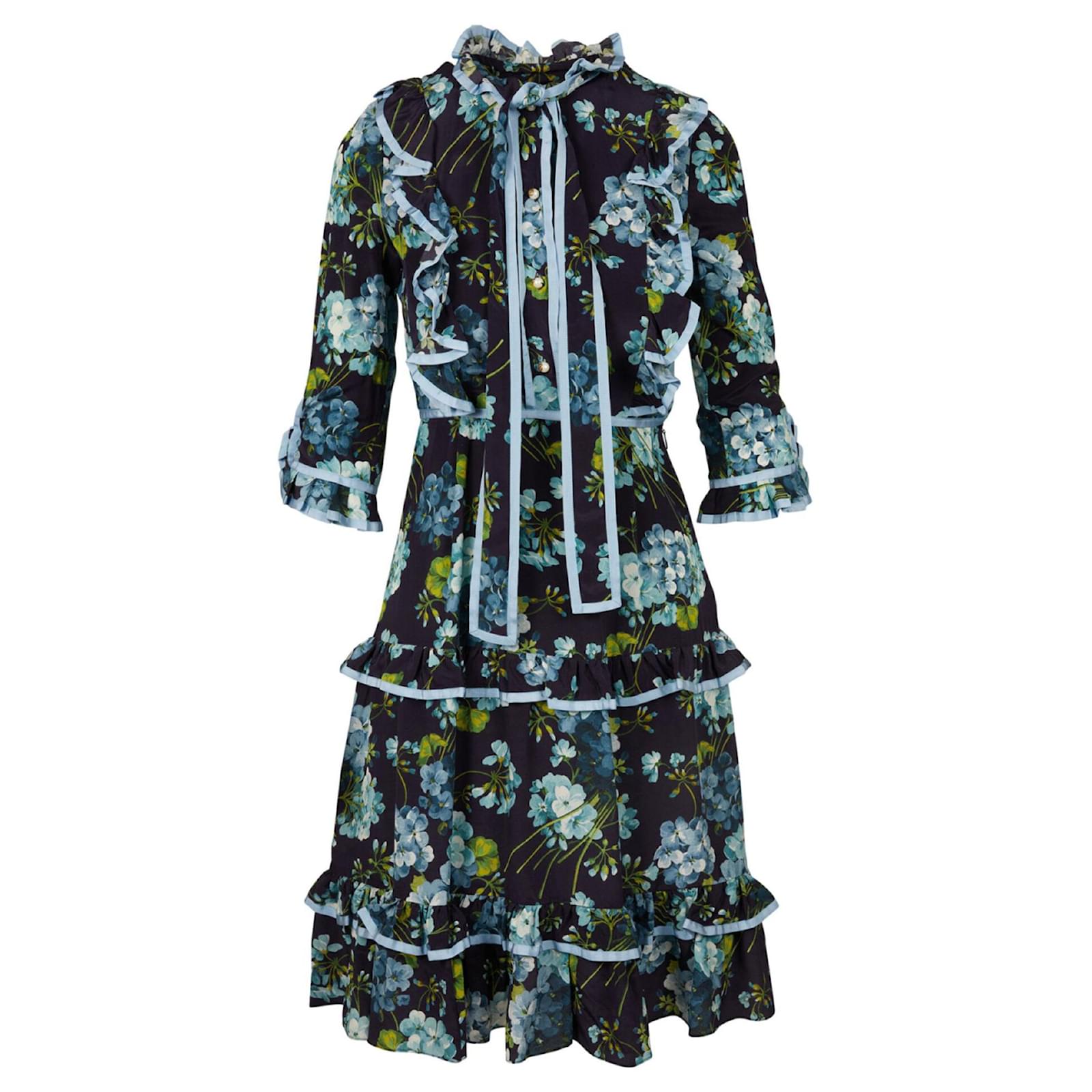 Gucci Ruffled Floral Printed Gown Blue Silk Joli Closet