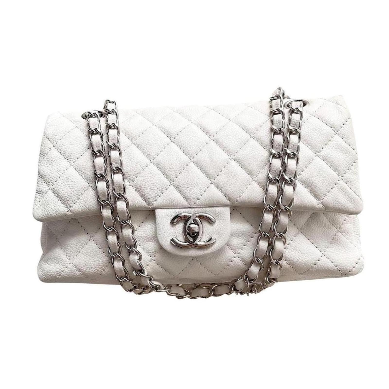 Chanel Classic Medium Double Flap 20B White Quilted Caviar with silver  hardware  VLuxeStyle