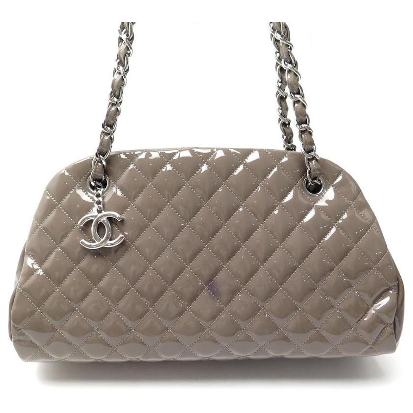 NEW CHANEL BOWLING HANDBAG MADEMOISELLE PATENT LEATHER QUILTED TAUPE