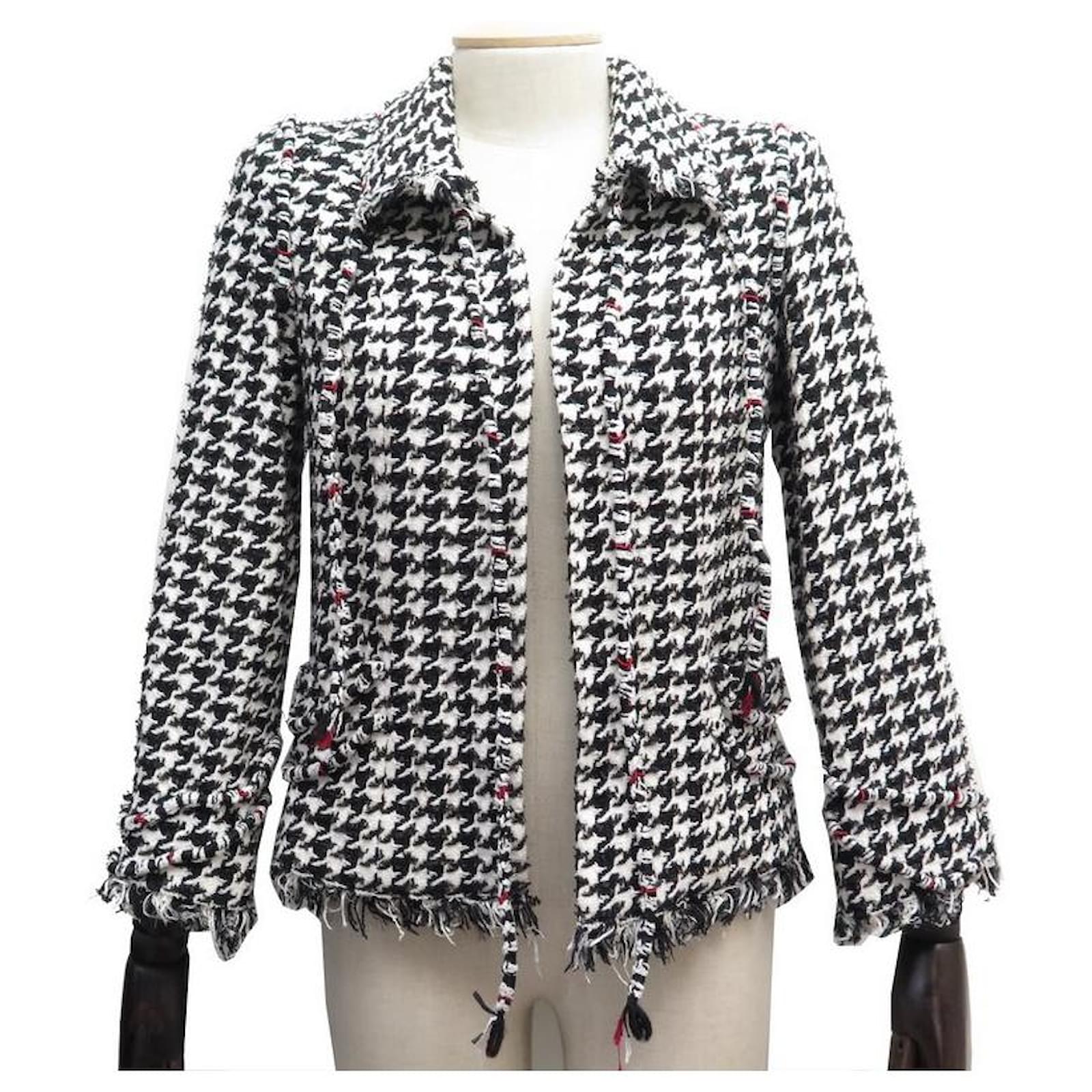 CHANEL P JACKET37636 M 38 BLACK AND WHITE HOUNDSTOOTH COTTON TWEED JACKET