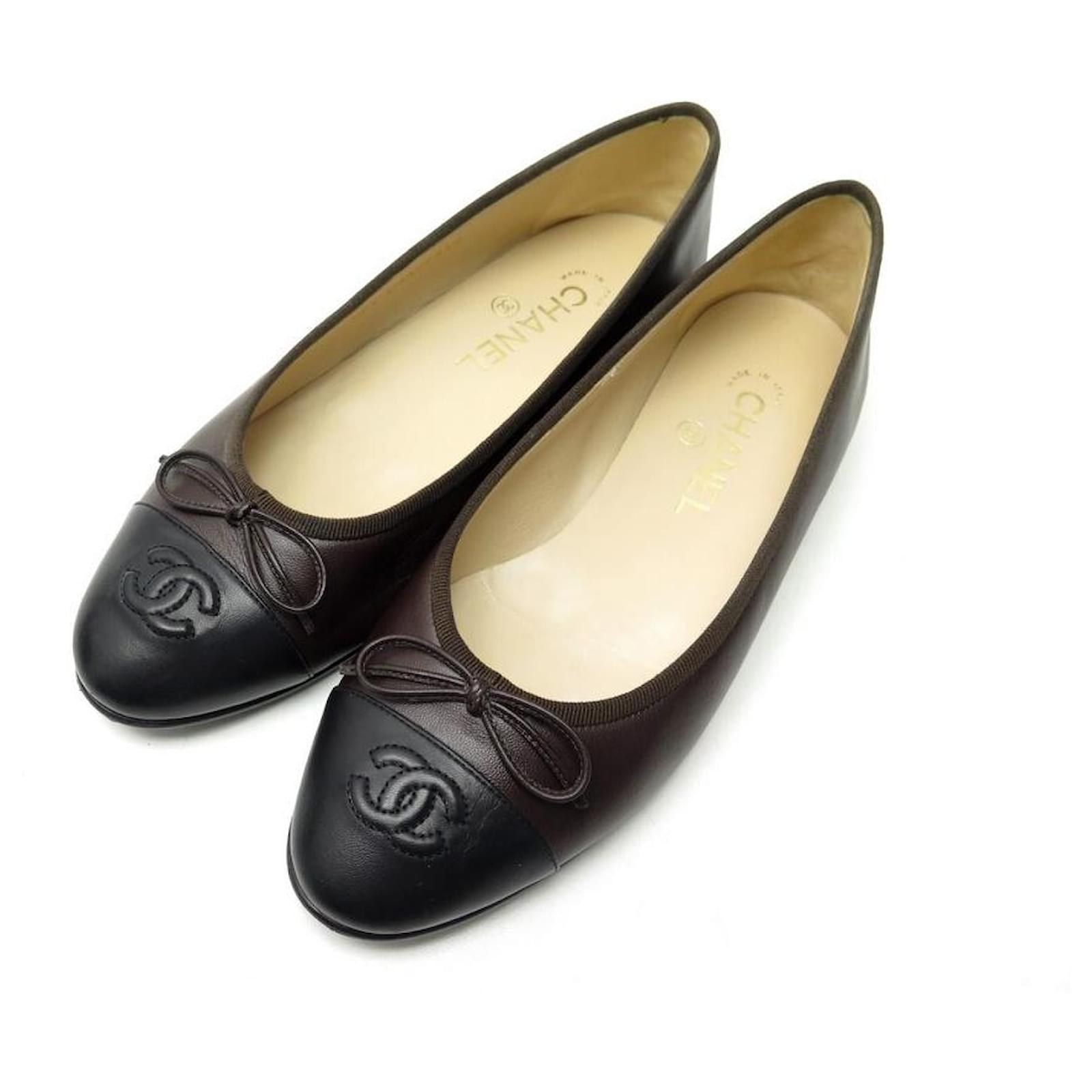 NEW CHANEL BALLERINA CC A LOGO SHOES02819 38.5 BROWN LEATHER BOX