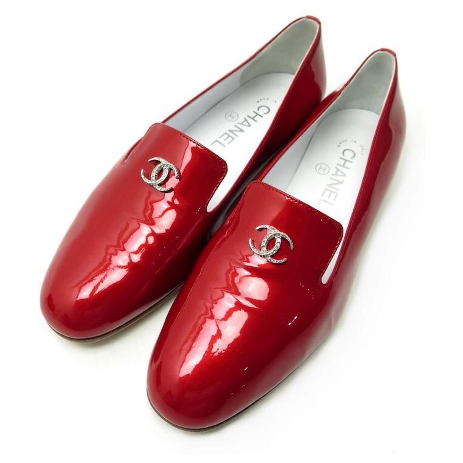 NEW CHANEL MOCASSINS CC G LOGO SHOES30637 38 RED PATENT LEATHER