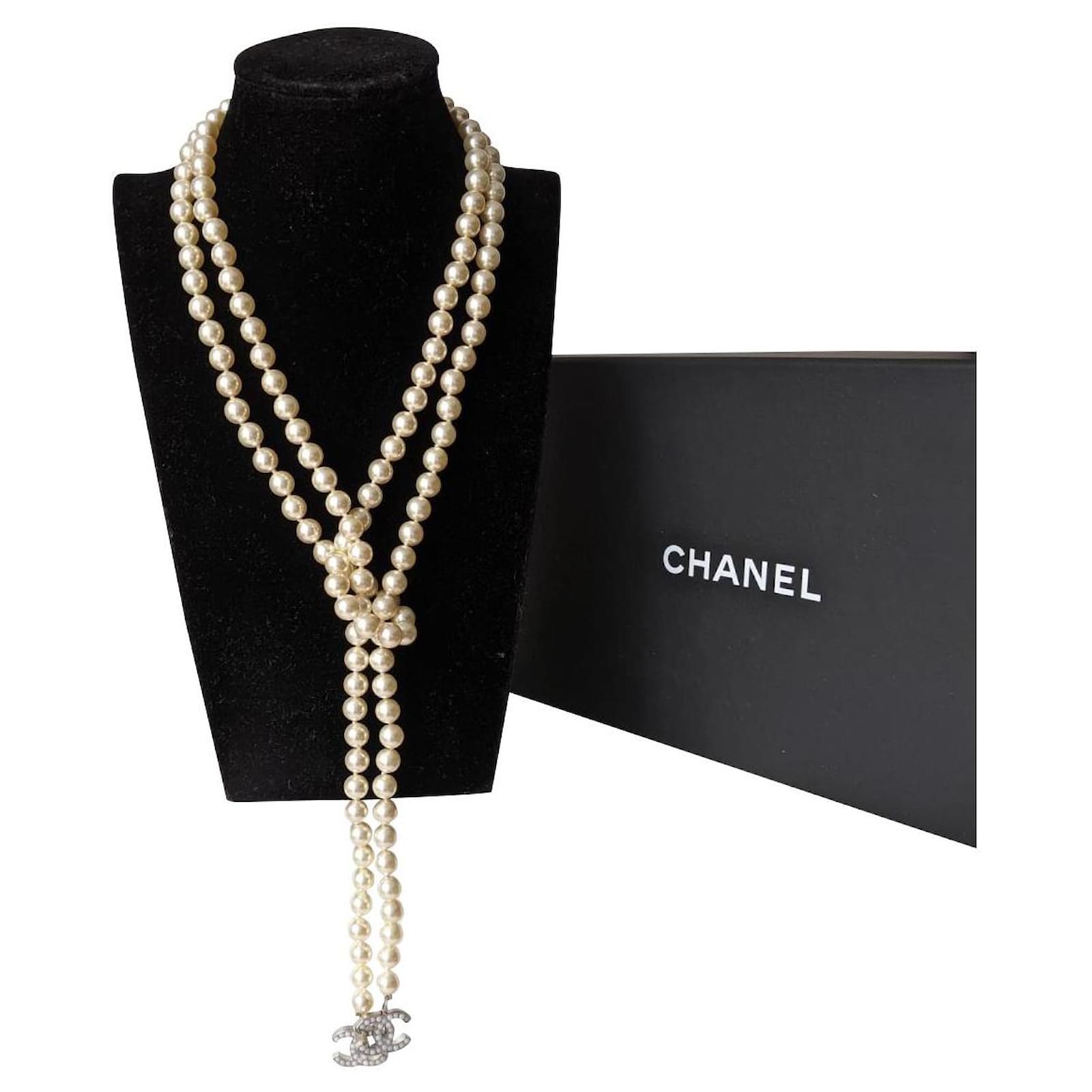 BNIB Authentic CHANEL White Glass Pearl Long Necklace 2 CC Logos 45