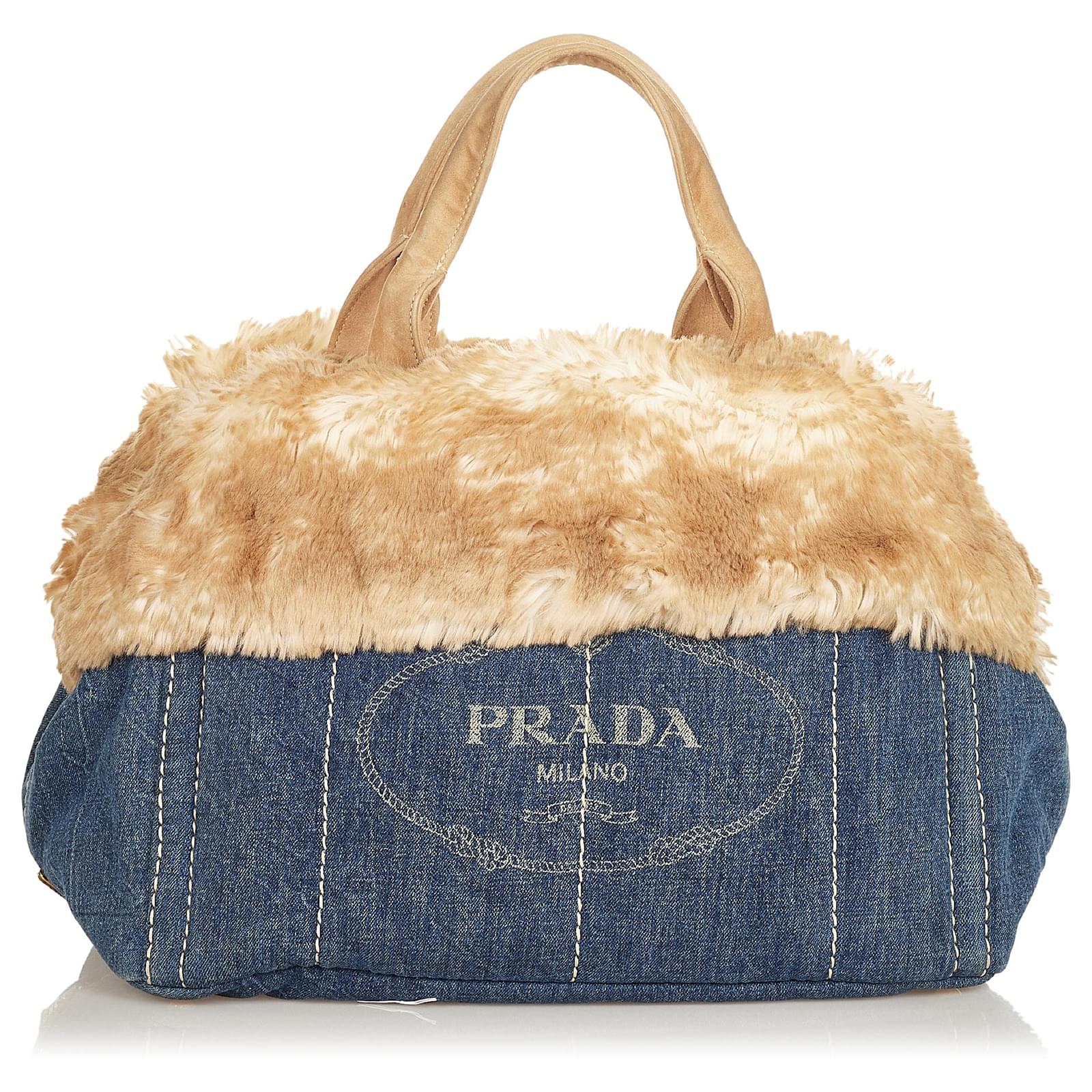 Tote Prada Blue Canapa Logo Denim Handbag Brown Light brown Fur