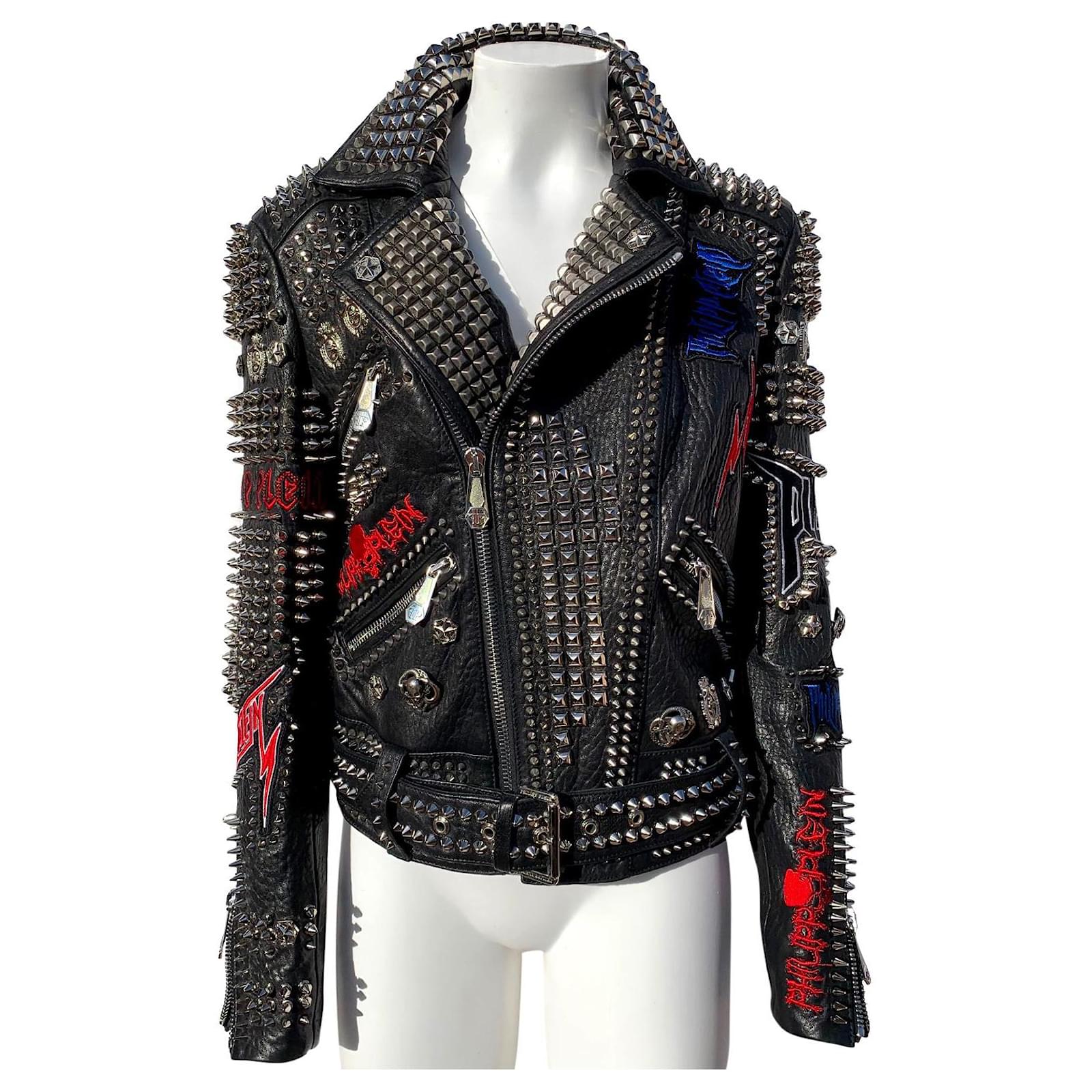 Men's luxury jacket - Philipp Plein biker jacket in black leather with  inserts