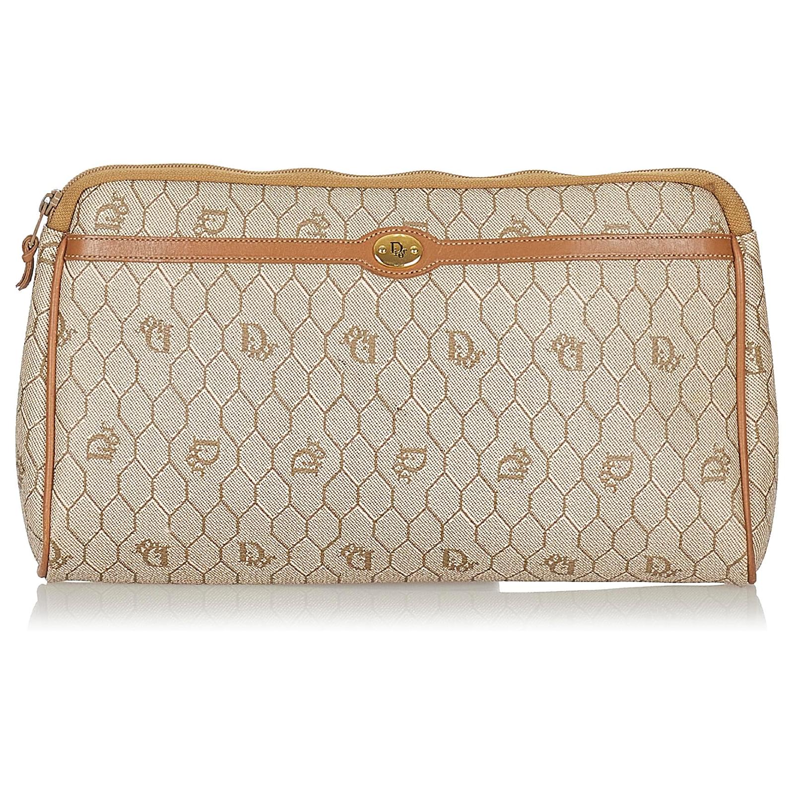 Dior Brown Honeycomb PVC Clutch Bag Beige Leather Plastic Pony